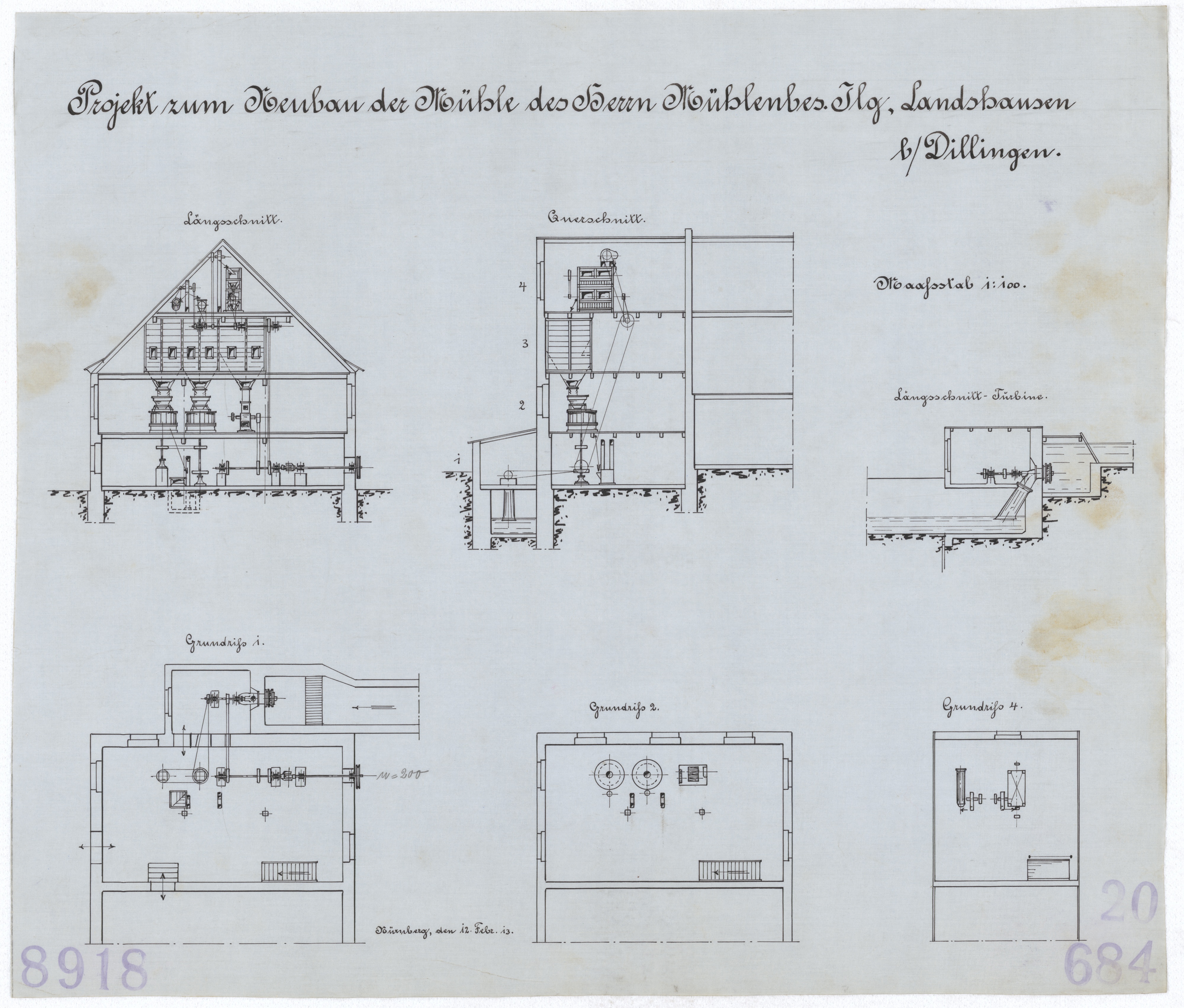 Technische Zeichnung : Projekt zum Neubau der Mühle des Herrn Mühlenbesitzer Ilg, Landshausen bei Dillingen (Stiftung Deutsches Technikmuseum Berlin CC BY-SA)