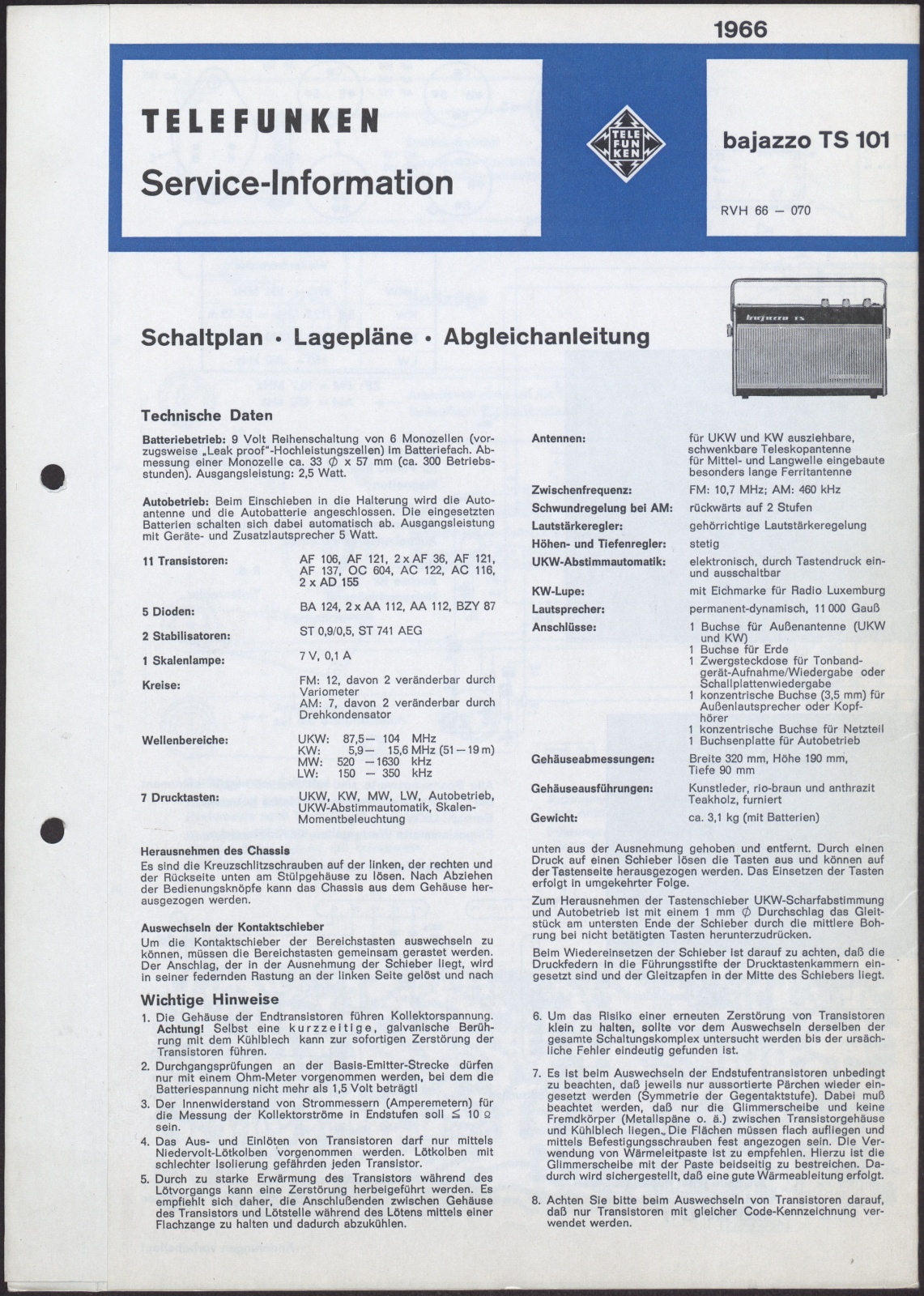 Bedienungsanleitung: Telefunken Service-Information; Telefunken bajazzo TS 101 (Stiftung Deutsches Technikmuseum Berlin CC0)