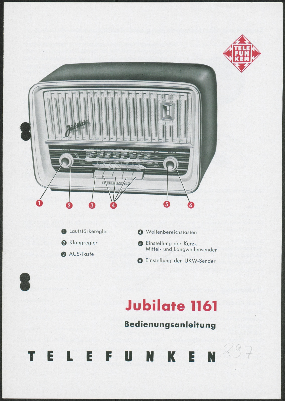 Bedienungsanleitung: Telefunken Jubilate 1161 Bedienungsanleitung (Stiftung Deutsches Technikmuseum Berlin CC0)
