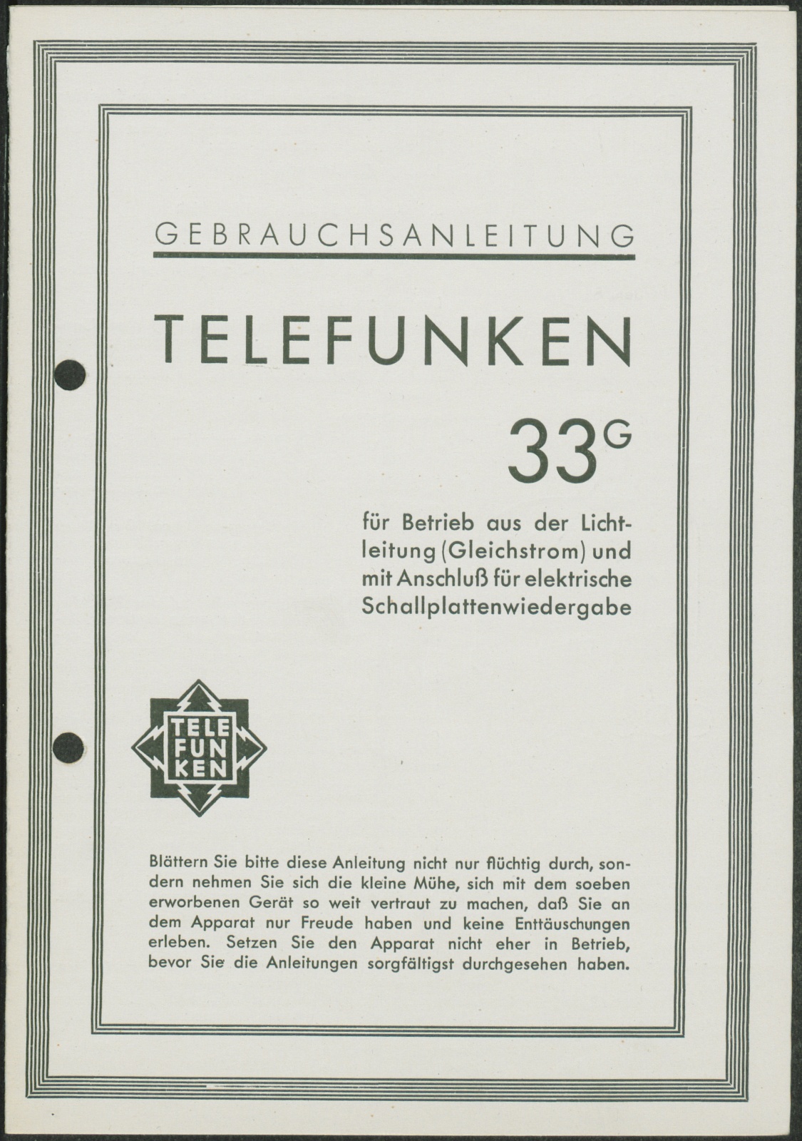 Bedienungsanleitung: Gebrauchsanleitung Telefunken 33 G (Stiftung Deutsches Technikmuseum Berlin CC0)