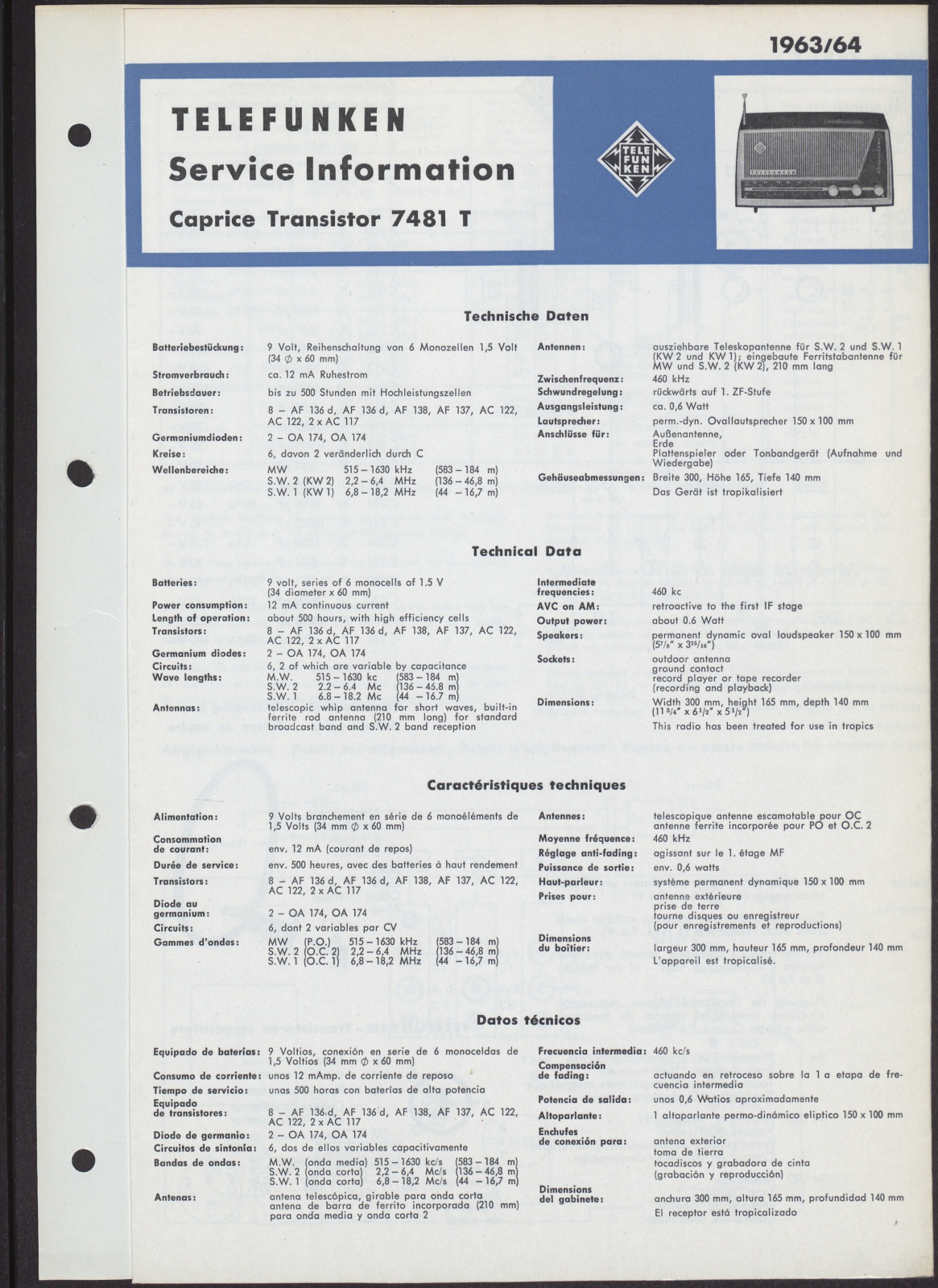 Bedienungsanleitung: Telefunken Service Information Caprice Transistor 7481 T (Stiftung Deutsches Technikmuseum Berlin CC0)