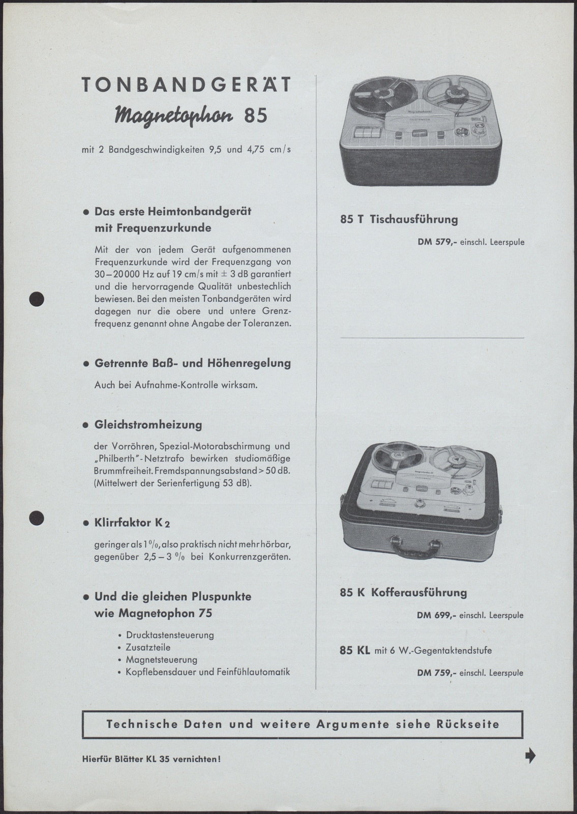 Werbeprospekt: Tonbandgerät Magnetophon 85 (Stiftung Deutsches Technikmuseum Berlin CC0)