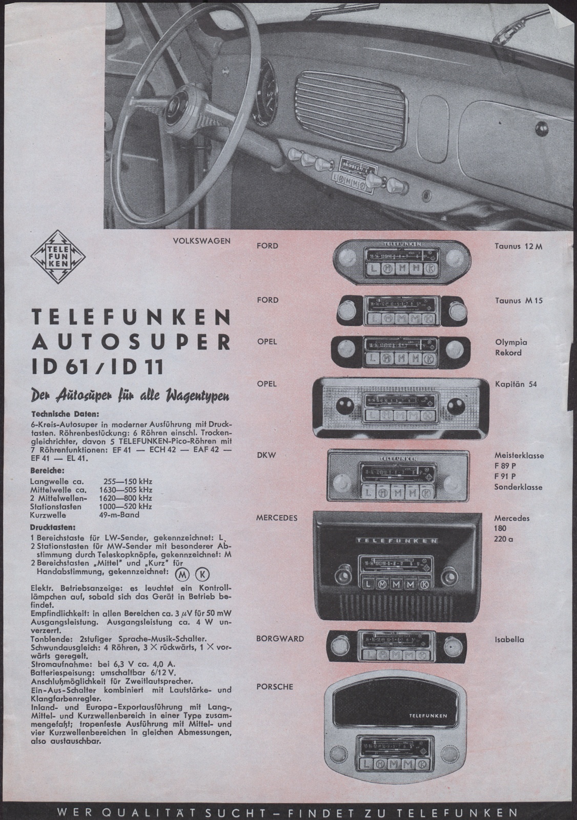 Werbeprospekt: Telefunken Autosuper ID 61 / ID 11 (Stiftung Deutsches Technikmuseum Berlin CC0)