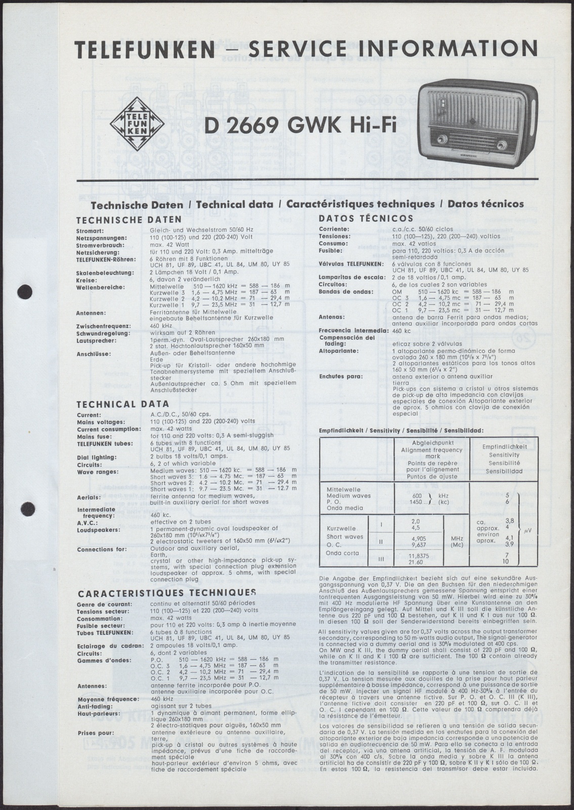Bedienungsanleitung: Telefunken Service Information D 2669 GWK Hi-Fi (Stiftung Deutsches Technikmuseum Berlin CC0)