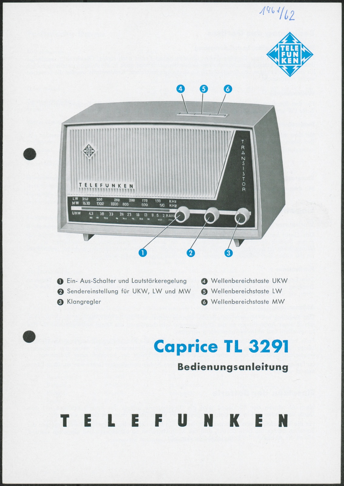 Bedienungsanleitung: Bedienungsanleitung Telefunken Caprice TL 3291 (Stiftung Deutsches Technikmuseum Berlin CC0)