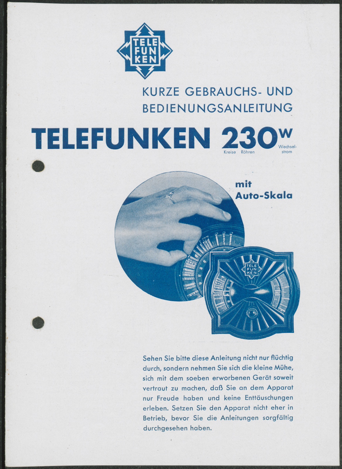 Bedienungsanleitung: Kurze Gebrauchs- und Bedienungsanleitung Telefunken 230 W mit Auto-Skala. (Stiftung Deutsches Technikmuseum Berlin CC0)