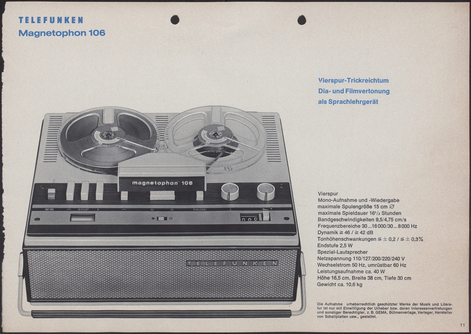 Werbeprospekt: Telefunken Magnetophon 106 (Stiftung Deutsches Technikmuseum Berlin CC0)