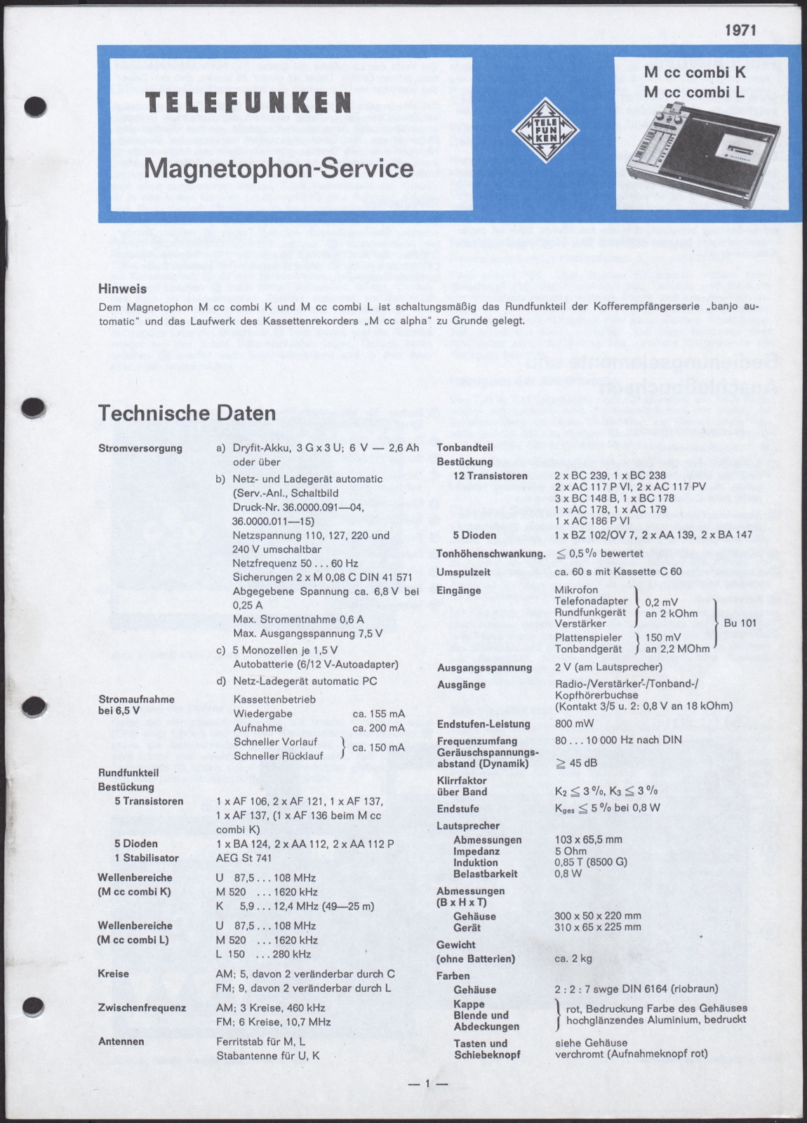 Bedienungsanleitung: Telefunken Magnetophon-Service M cc combi K; M cc combi L (Stiftung Deutsches Technikmuseum Berlin CC0)