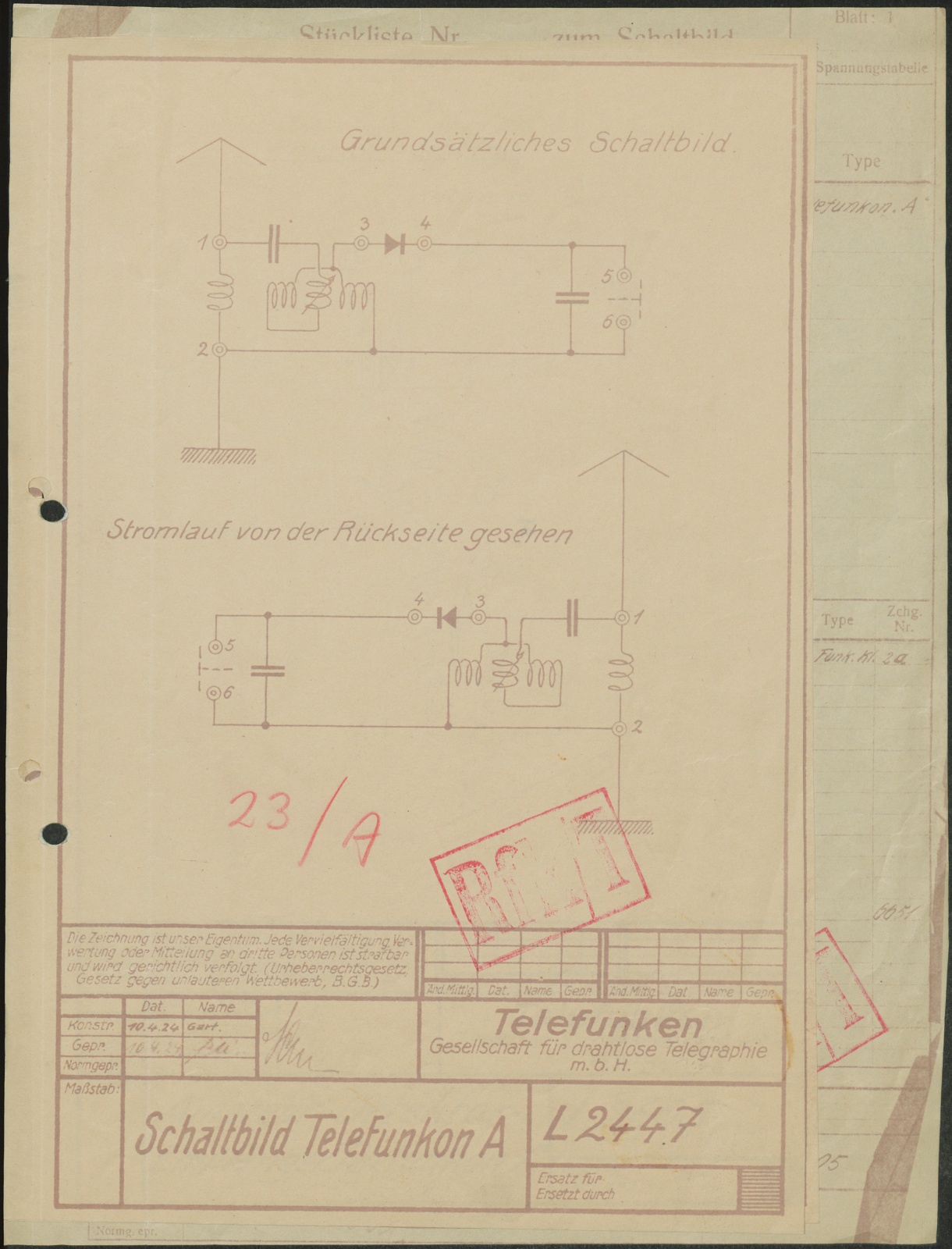 Schaltbild: Schaltbild Telefunkon A; Amateur-Detektor-Empfänger. Telefunkon A; Stückliste zum Schaltbild (Stiftung Deutsches Technikmuseum Berlin CC0)