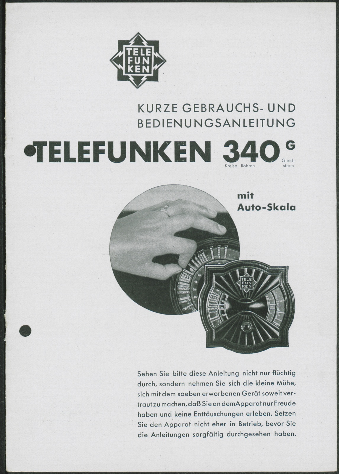 Bedienungsanleitung: Kurze Gebrauchs- und Bedienungsanleitung Telefunken 340 G mit Auto-Skala (Stiftung Deutsches Technikmuseum Berlin CC0)