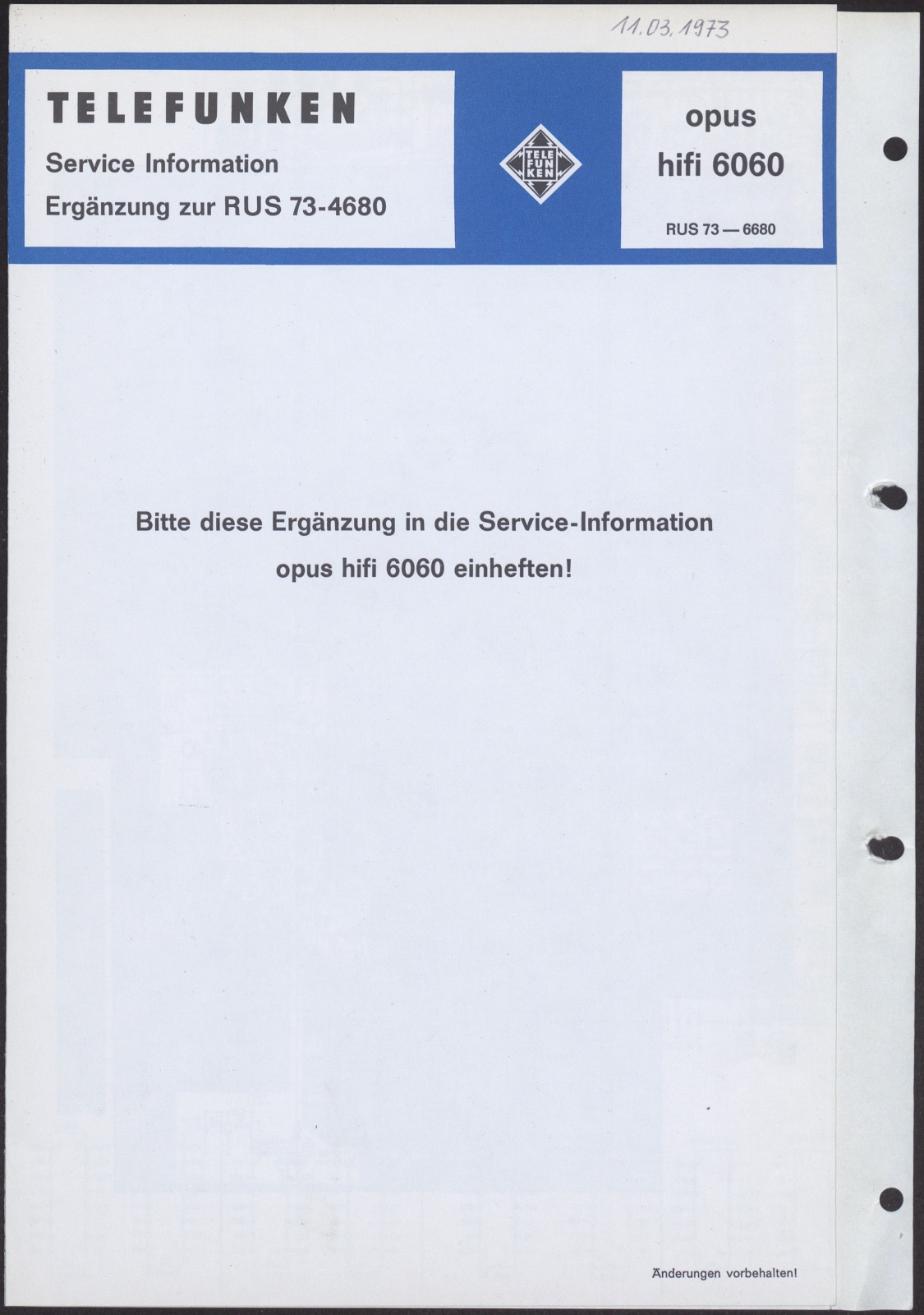 Bedienungsanleitung: Telefunken Service Information opus hifi 6060 RUS 73 - 4680; Telefunken Service Information Ergänzung zur RUS 73 - 4680 (Stiftung Deutsches Technikmuseum Berlin CC0)