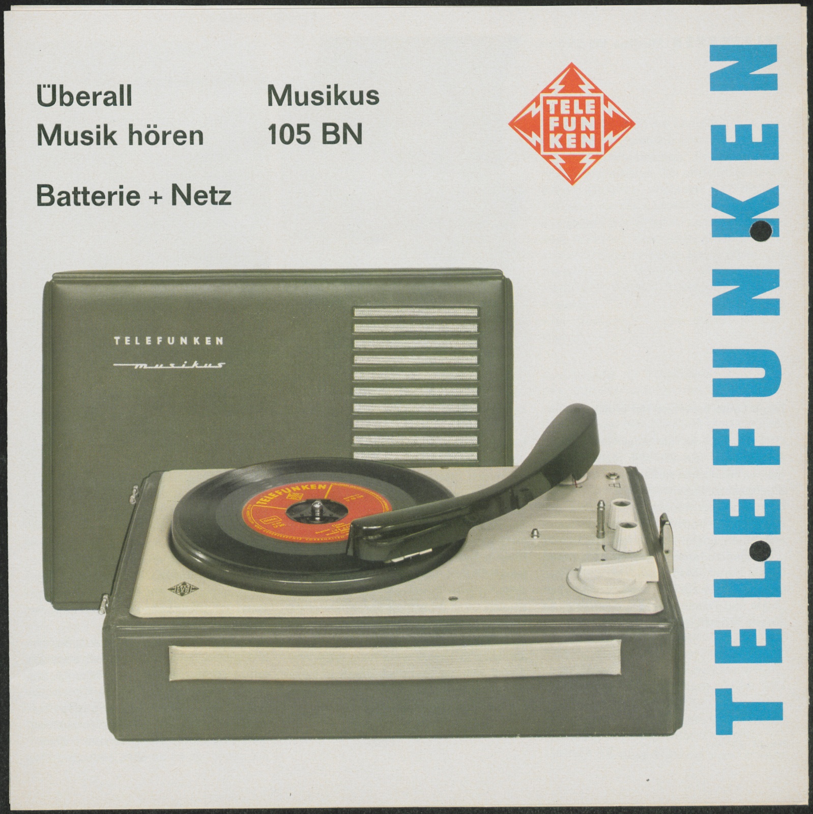 Werbeprospekt: Ein vielseitiges Tonbandgerät Telefunken Magnetophon 300; Überall Musik hören Musikus 105 BN (Stiftung Deutsches Technikmuseum Berlin CC0)
