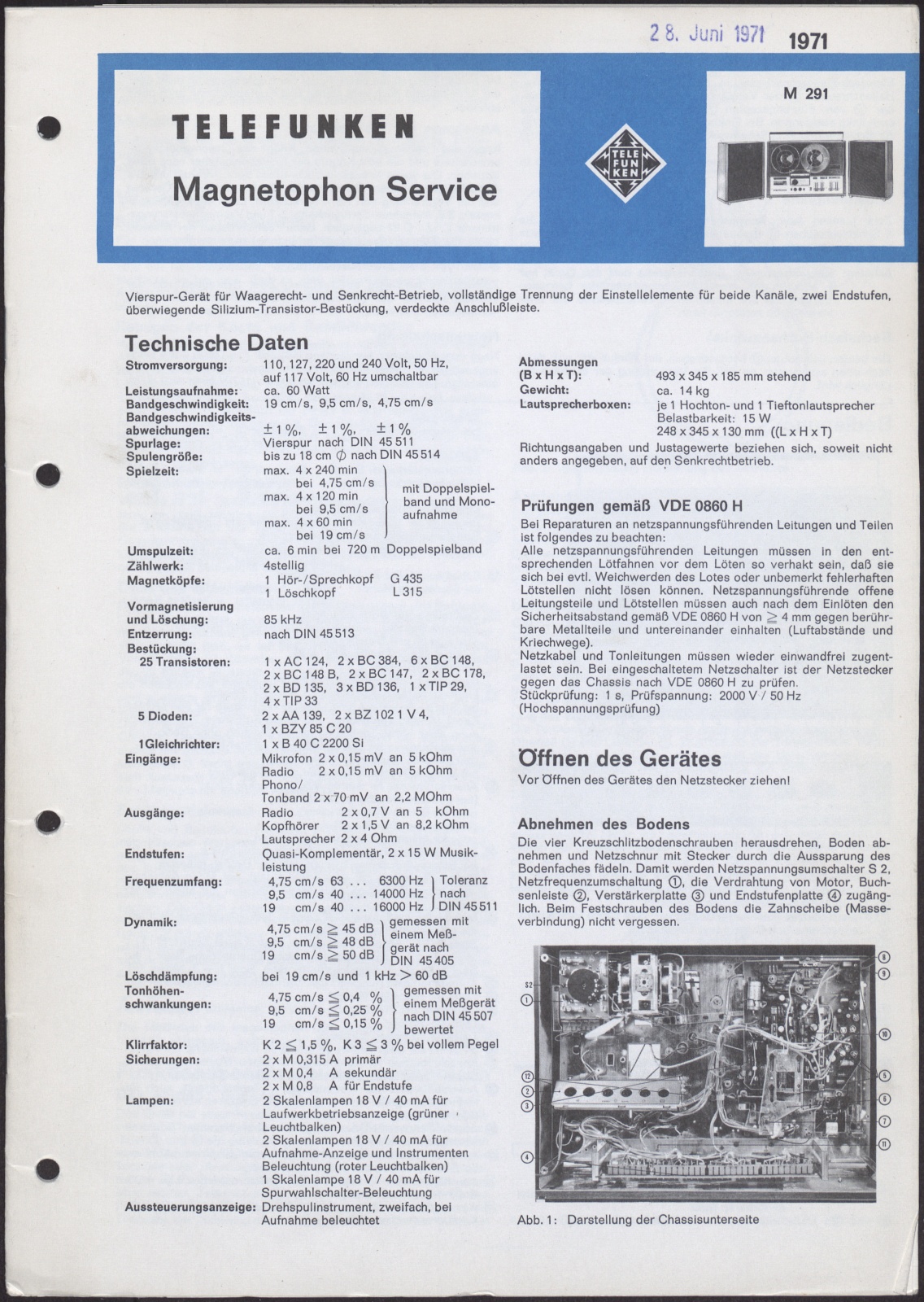 Bedienungsanleitung: Telefunken Magnetophon Service M 291 (Stiftung Deutsches Technikmuseum Berlin CC0)