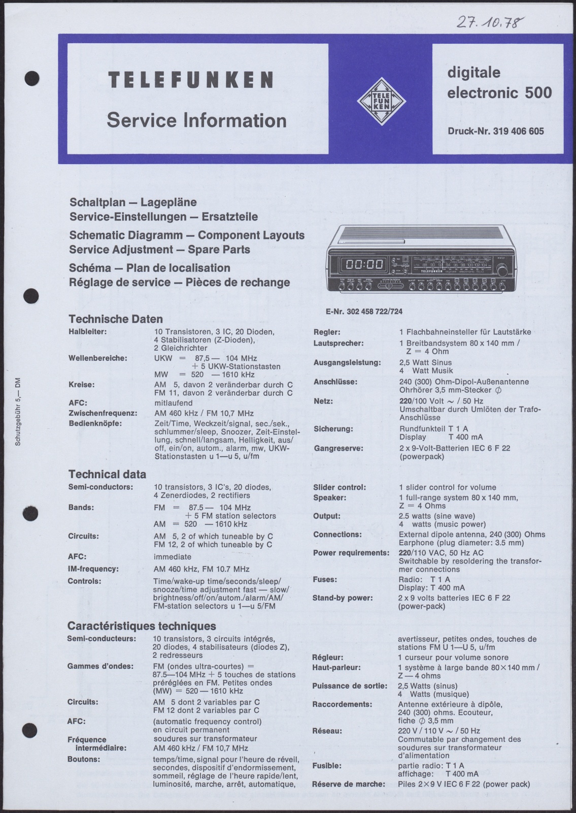Bedienungsanleitung: Telefunken Service Information digitale electronic 500 (Stiftung Deutsches Technikmuseum Berlin CC0)