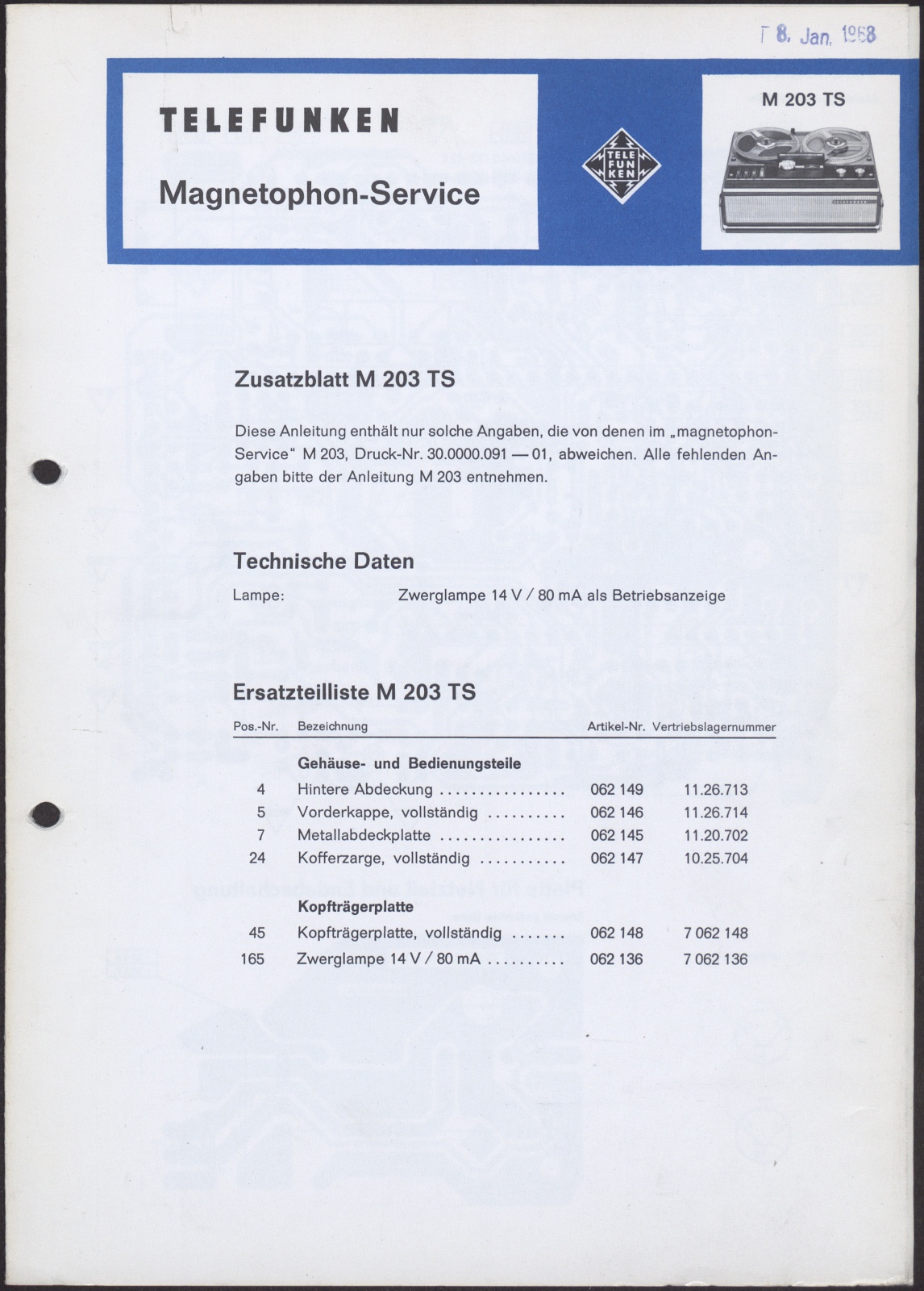 Bedienungsanleitung: Telefunken Magnetophon-Service M 203 TS; Zusatzblatt M 203 TS (Stiftung Deutsches Technikmuseum Berlin CC0)