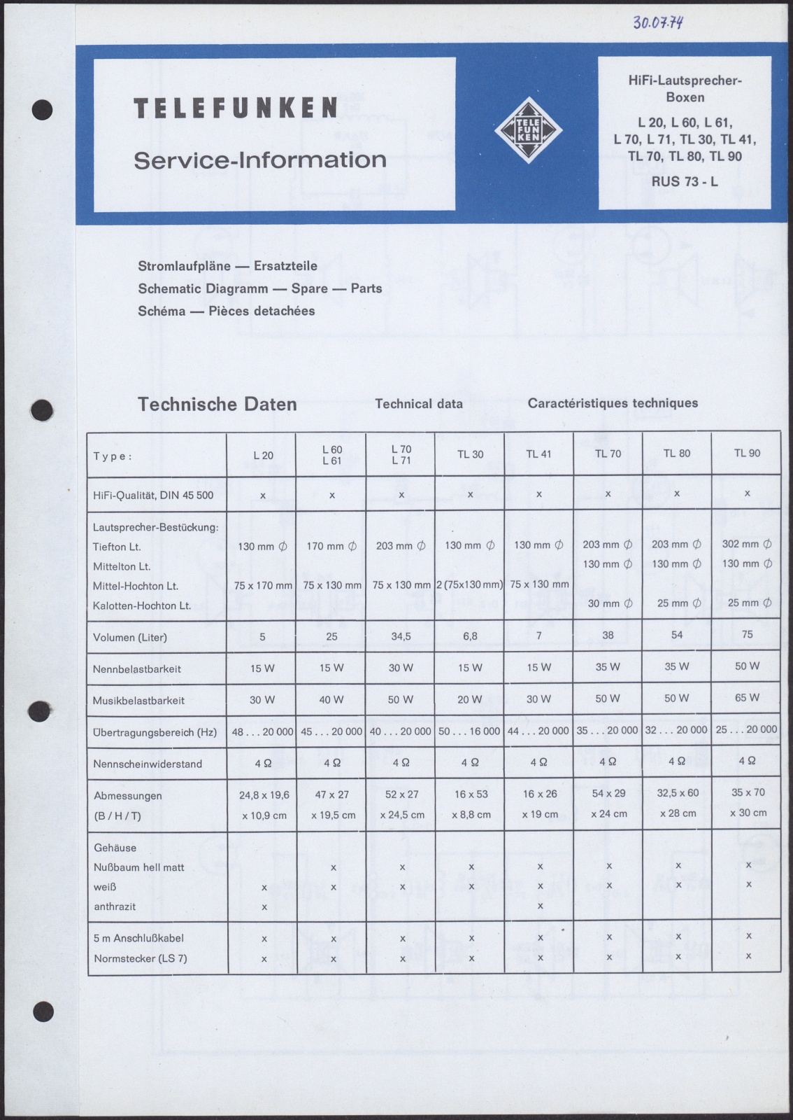 Bedienungsanleitung: Telefunken Service-Information HiFi-Lautsprecherboxen L 20; L 60; L61; L 70; L71; TL 30;-TL 41; TL 70; TL 80; Tl 90; RUS 73 - L  (Stiftung Deutsches Technikmuseum Berlin CC0)