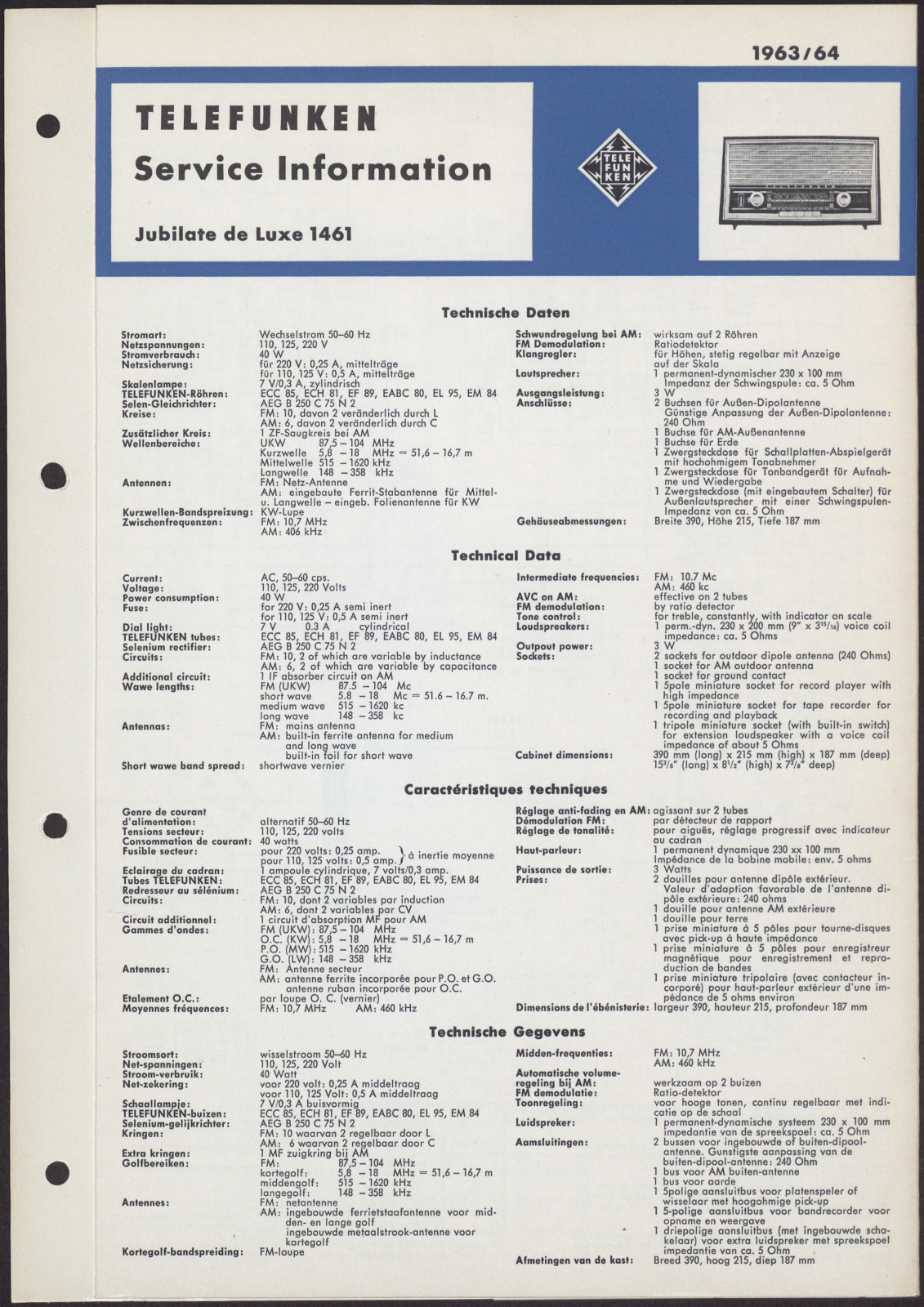 Bedienungsanleitung: Telefunken Service Information Jubilate de Luxe 1461 (Stiftung Deutsches Technikmuseum Berlin CC0)
