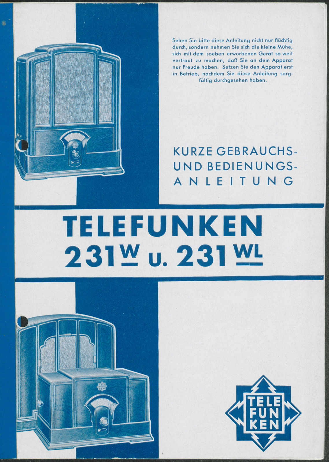 Bedienungsanleitung: Kurze Gebrauchs- und Bedienungsanleitung Telefunken 231 W u. 231 WL (Stiftung Deutsches Technikmuseum Berlin CC0)