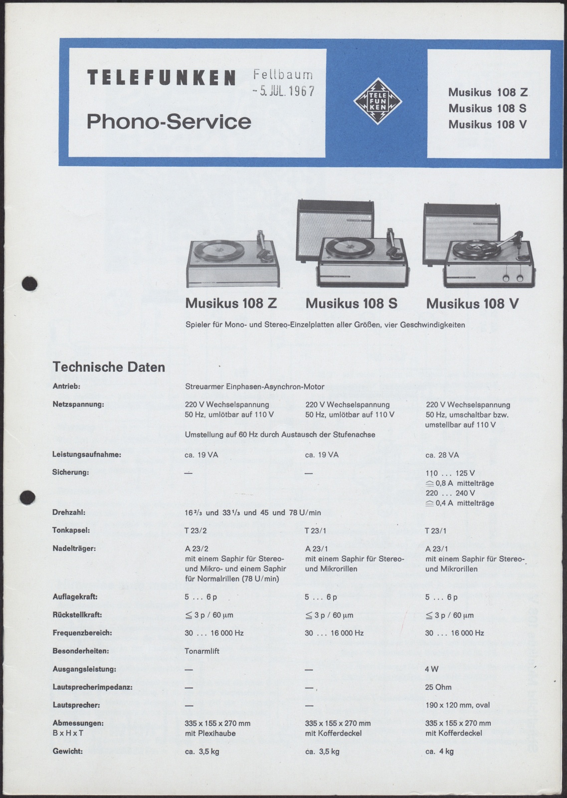 Bedienungsanleitung: Telefunken Phono-Service Musikus 108 Z, Musikus 108 S, Musikus 108 V (Stiftung Deutsches Technikmuseum Berlin CC0)