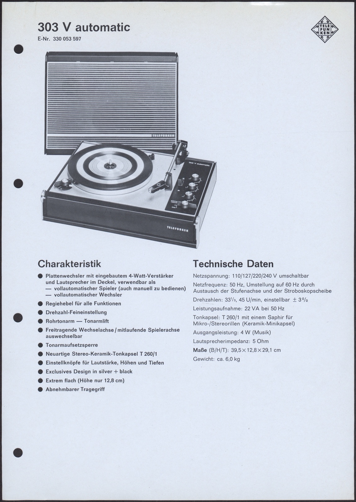 Werbeblatt: Werbeblatt für den Telefunken 303 V automatic (Stiftung Deutsches Technikmuseum Berlin CC0)
