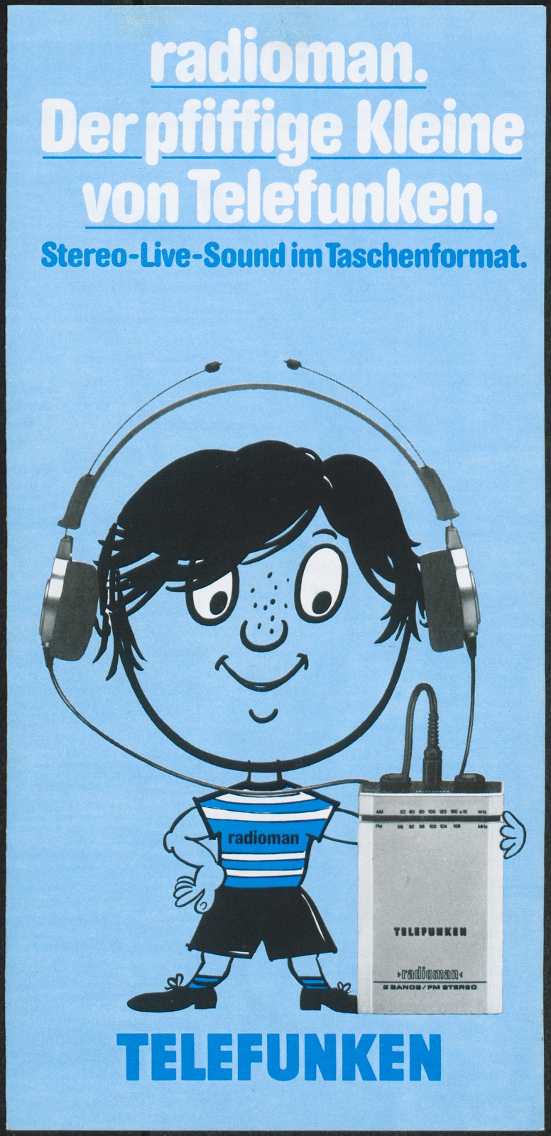 Werbeprospekt: radioman. Der pfiffige Kleine von Telefunken. Stereo-Live-Sound im Taschenformat. (Stiftung Deutsches Technikmuseum Berlin CC0)