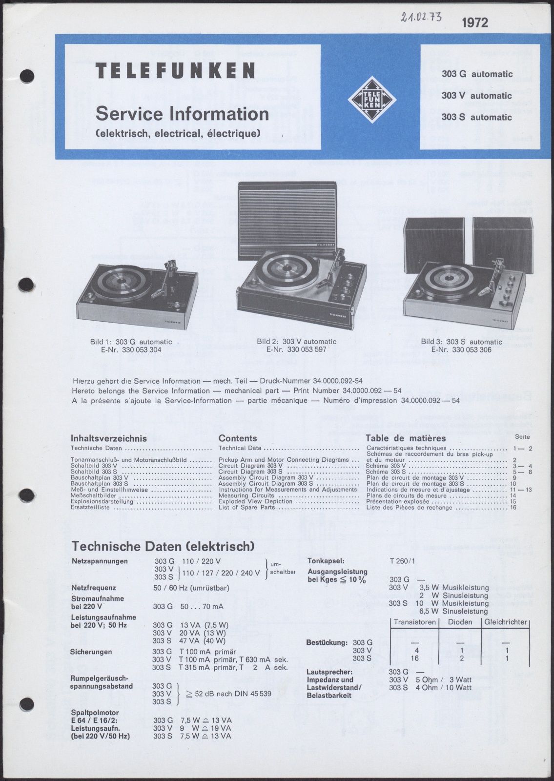 Bedienungsanleitung: Telefunken Service Information für 303 G automatic, 303 V automatic und 303 S automatic (Stiftung Deutsches Technikmuseum Berlin CC0)