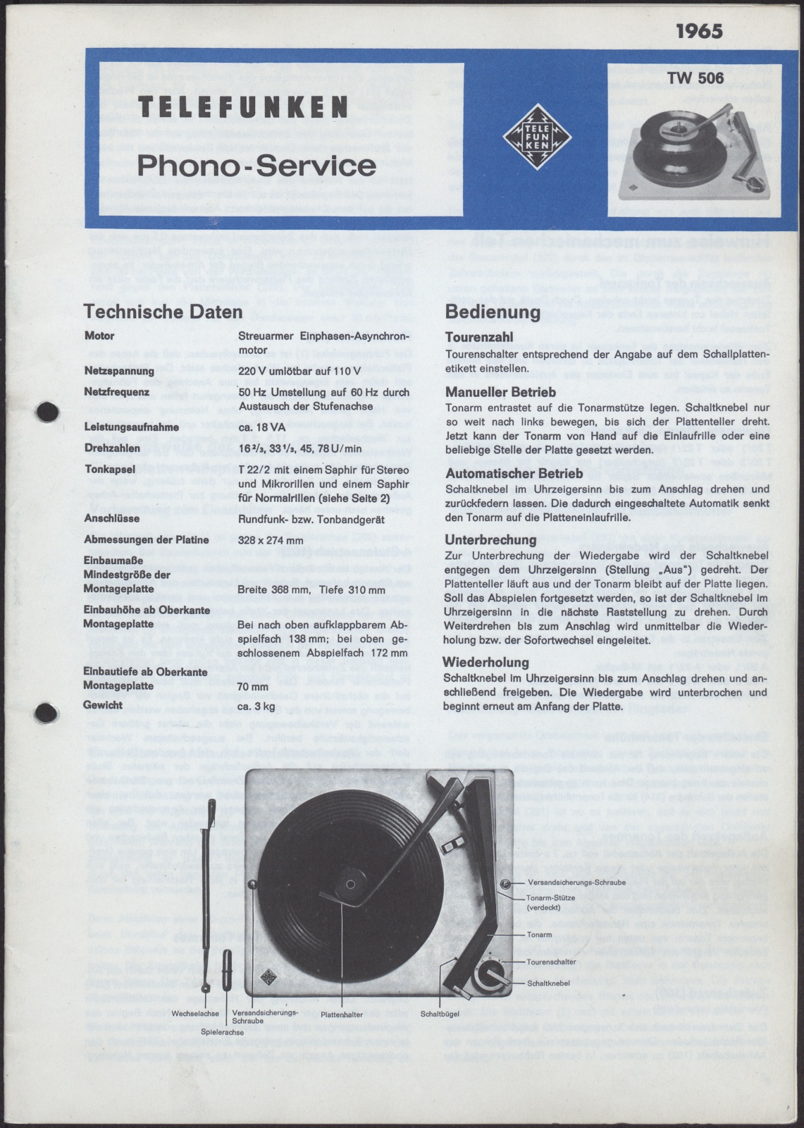 Bedienungsanleitung: Telefunken Phono-Service TW 506 (Stiftung Deutsches Technikmuseum Berlin CC0)