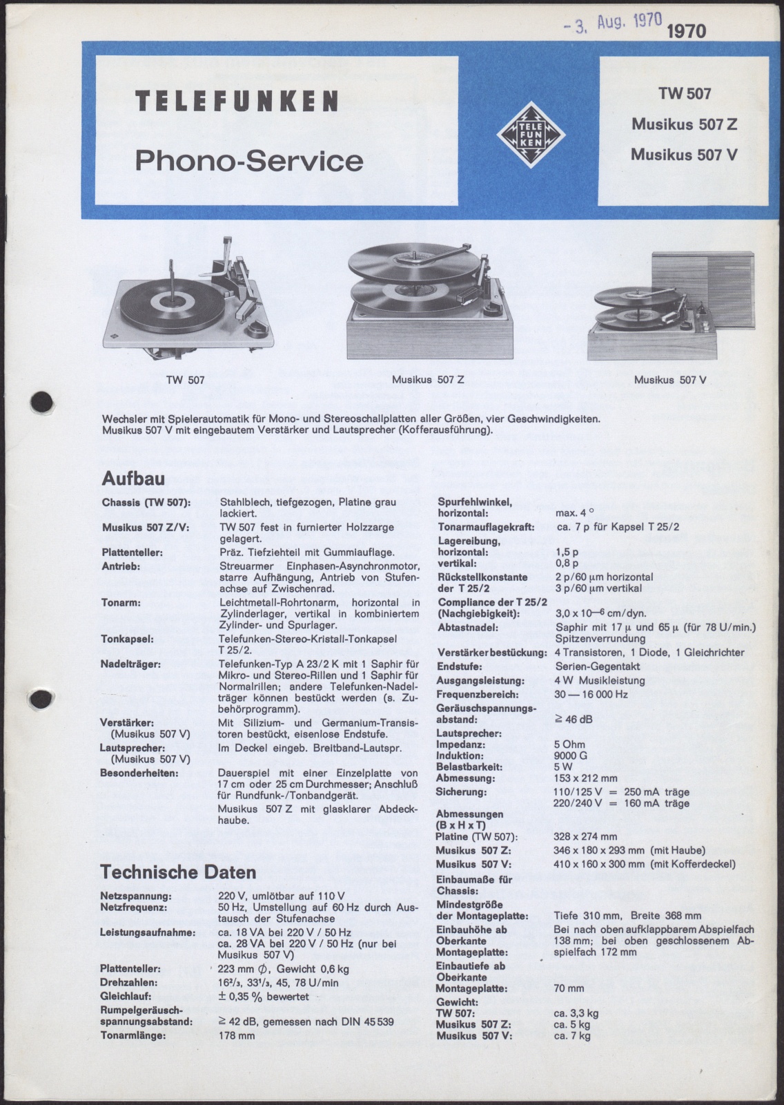 Bedienungsanleitung: Telefunken Phono-Service für TW 507, Musikus 507 Z, Musikus 507 V (Stiftung Deutsches Technikmuseum Berlin CC0)