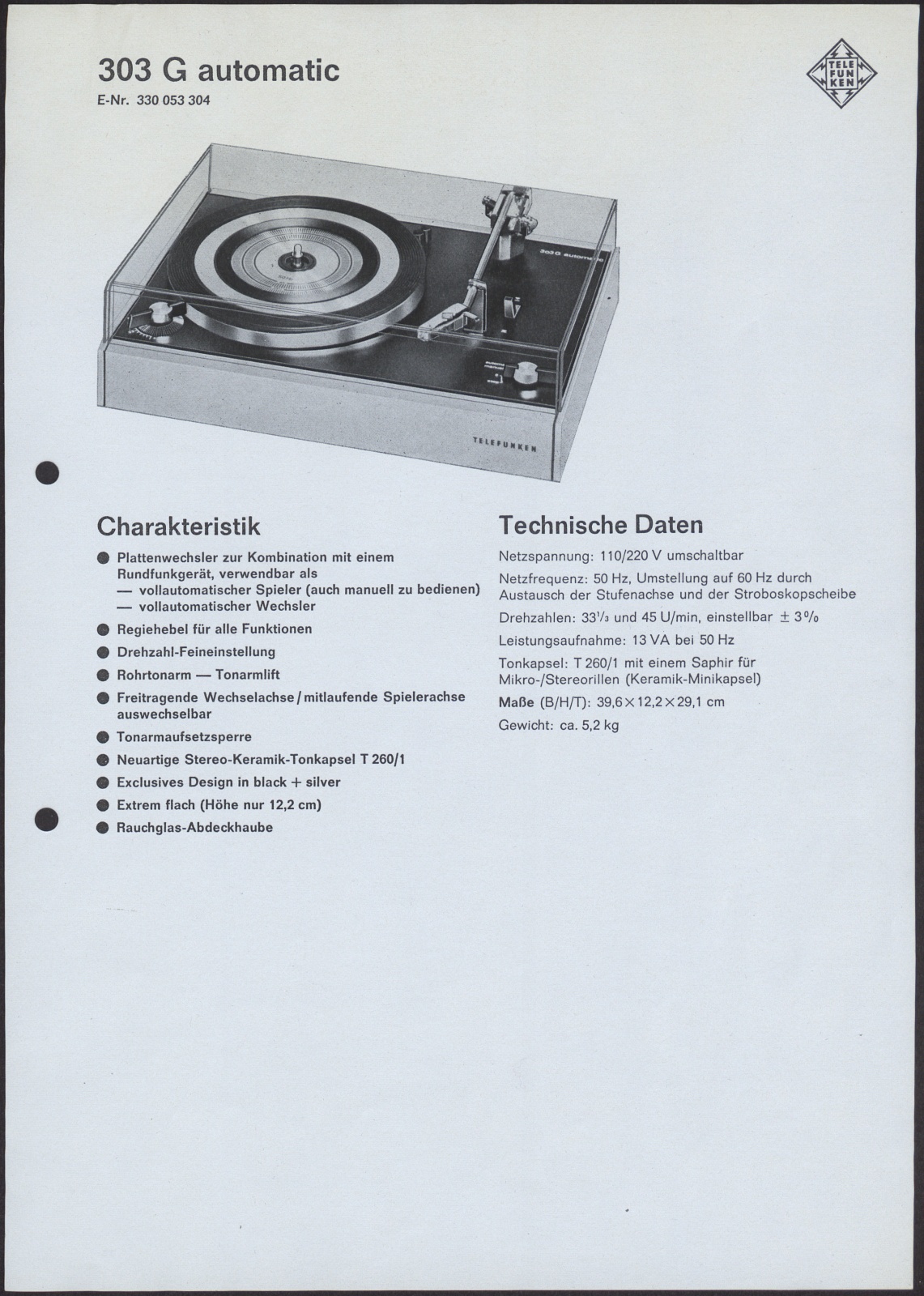 Werbeblatt: Werbeblatt für den Telefunken 303 G automatic (Stiftung Deutsches Technikmuseum Berlin CC0)