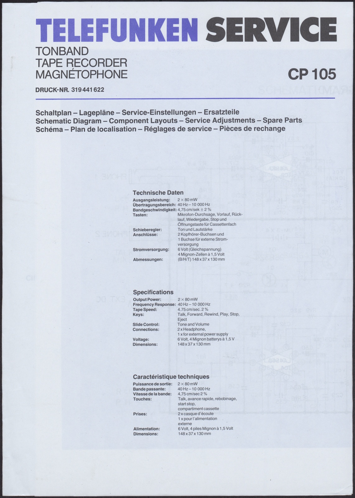 Bedienungsanleitung: Telefunken Service Tonbandgerät magnetophone CP 105 (Stiftung Deutsches Technikmuseum Berlin CC0)