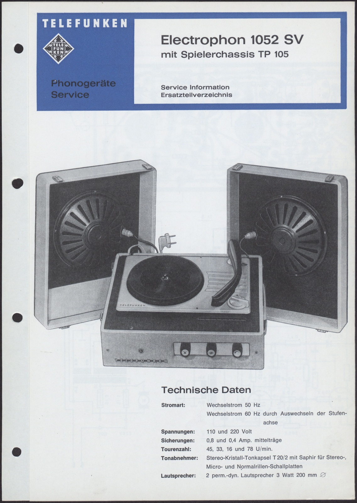 Bedienungsanleitung: Phonogeräte Service Electrophon 1052 SV mit Spielerchasssis TP 105 (Stiftung Deutsches Technikmuseum Berlin CC0)