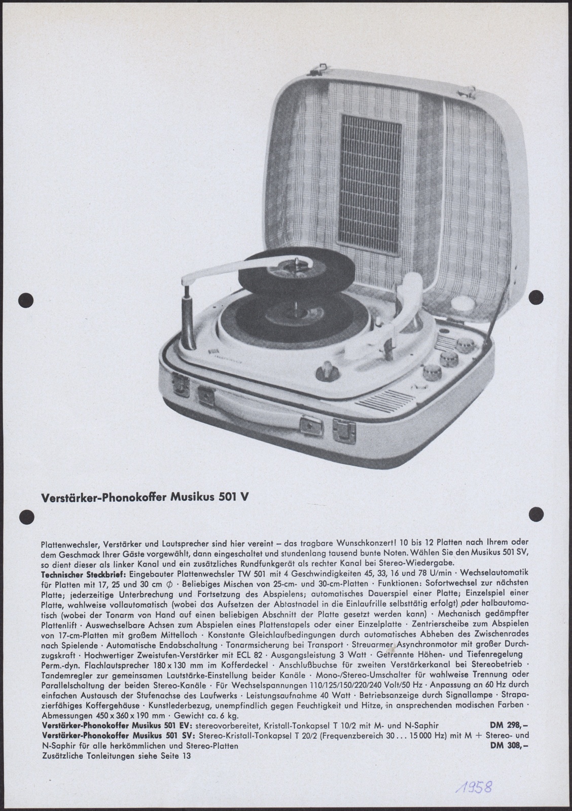 Werbeblatt: Telefunken Verstärker-Phonokoffer Musikus 501 V und Telefunken Verstärker-Phonokoffer Musikus 5 V (Stiftung Deutsches Technikmuseum Berlin CC0)