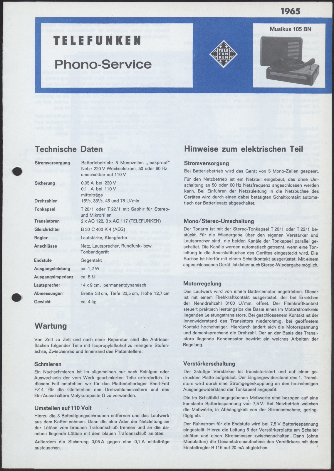 Bedienungsanleitung: Telefunken Phono-Service Musikus 105 BN (Stiftung Deutsches Technikmuseum Berlin CC0)