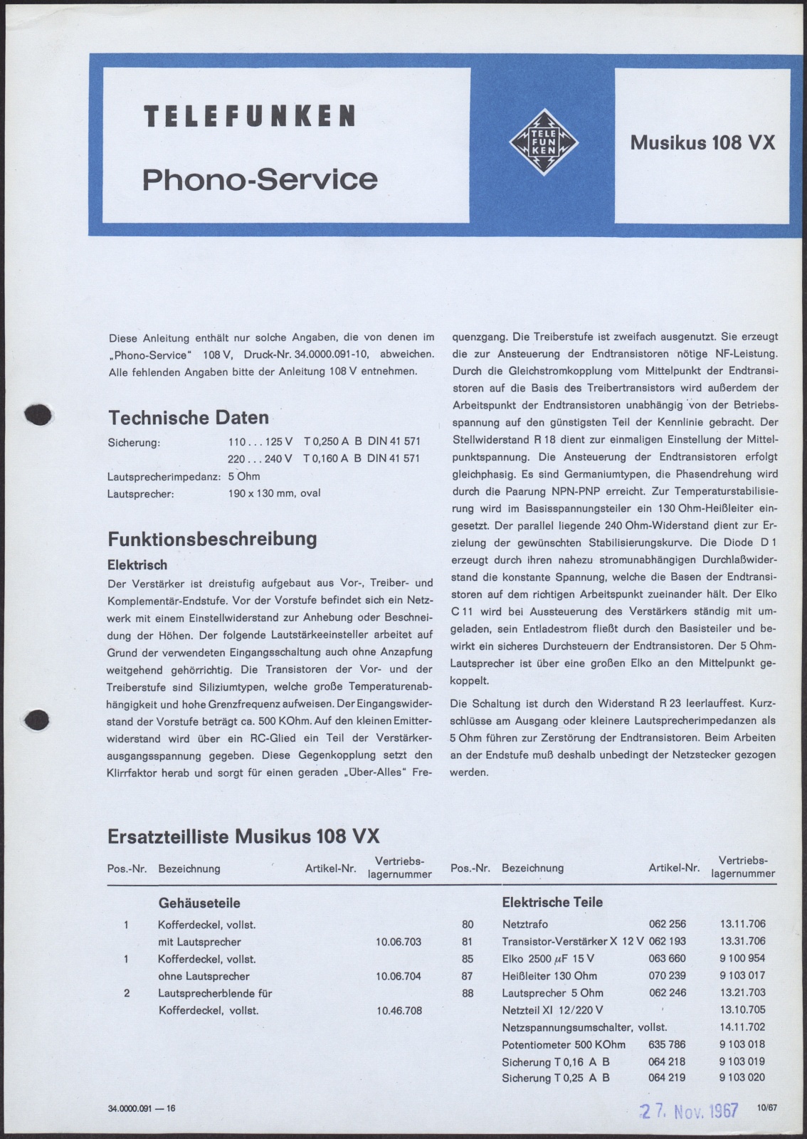 Bedienungsanleitung: Telefunken Phono-Service Musikus 108 VX (Stiftung Deutsches Technikmuseum Berlin CC0)