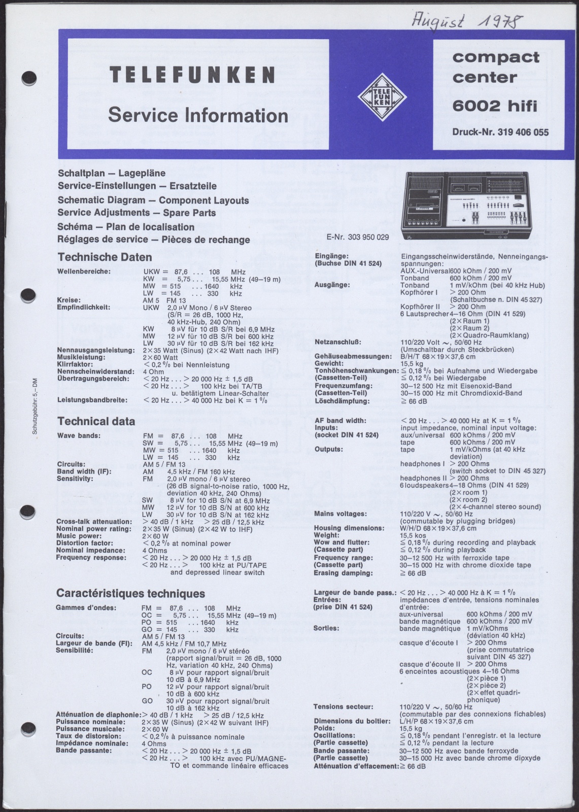 Bedienungsanleitung: Telefunken Service Information compact center 6002 hifi (Stiftung Deutsches Technikmuseum Berlin CC0)