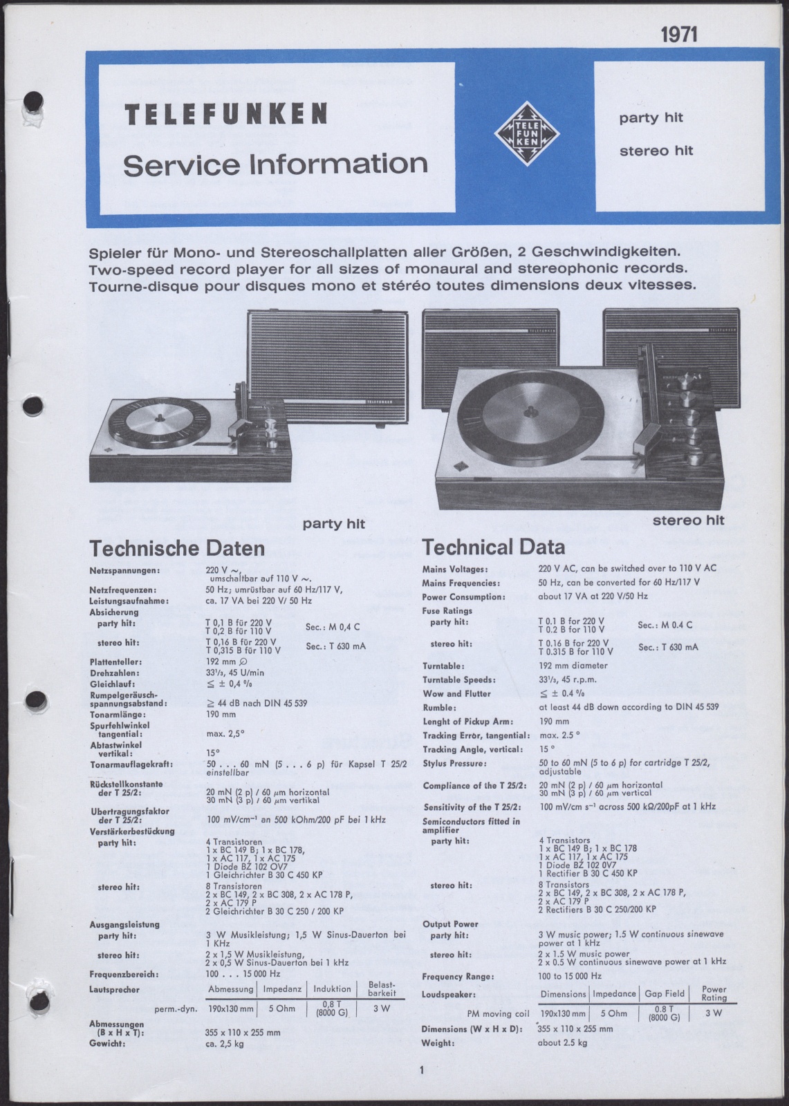 Bedienungsanleitung: Telefunken Service Information party hit und stereo hit (Stiftung Deutsches Technikmuseum Berlin CC0)