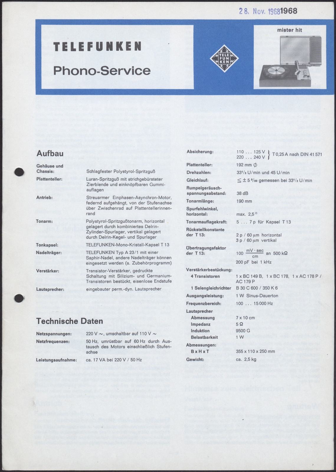 Bedienungsanleitung: Telefunken Phono-Service mister hit und Zusatzblatt Phono-Service mister hit 70 (Stiftung Deutsches Technikmuseum Berlin CC0)