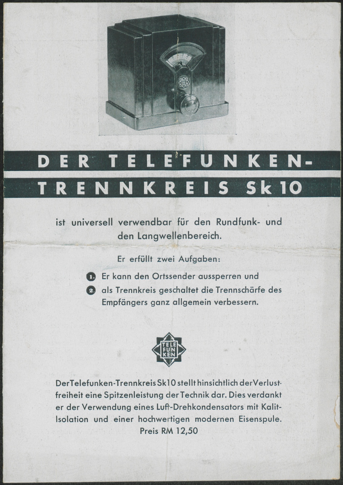 Werbeprospekt: Der Telefunken Trennkreis Sk 10 (Stiftung Deutsches Technikmuseum Berlin CC0)