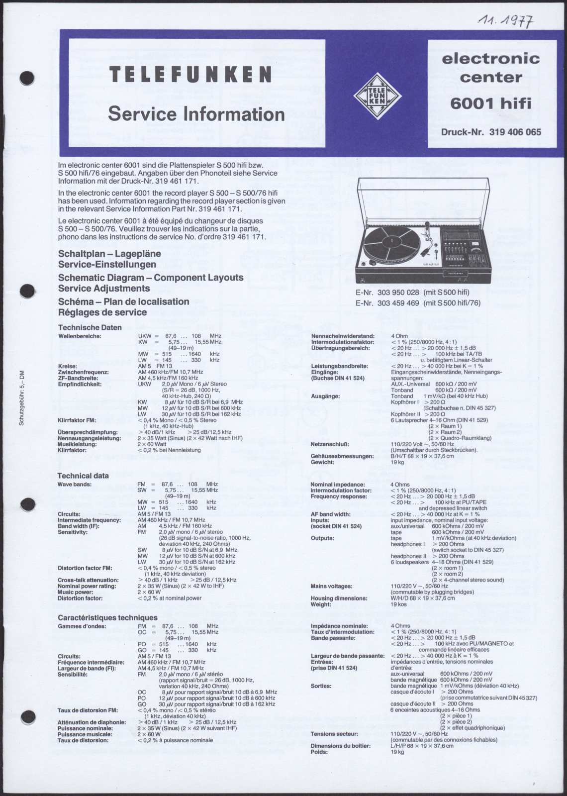 Bedienungsanleitung: Telefunken Service Information für den Plattenspieler Telefunken electronic center 6001 hifi (Stiftung Deutsches Technikmuseum Berlin CC0)