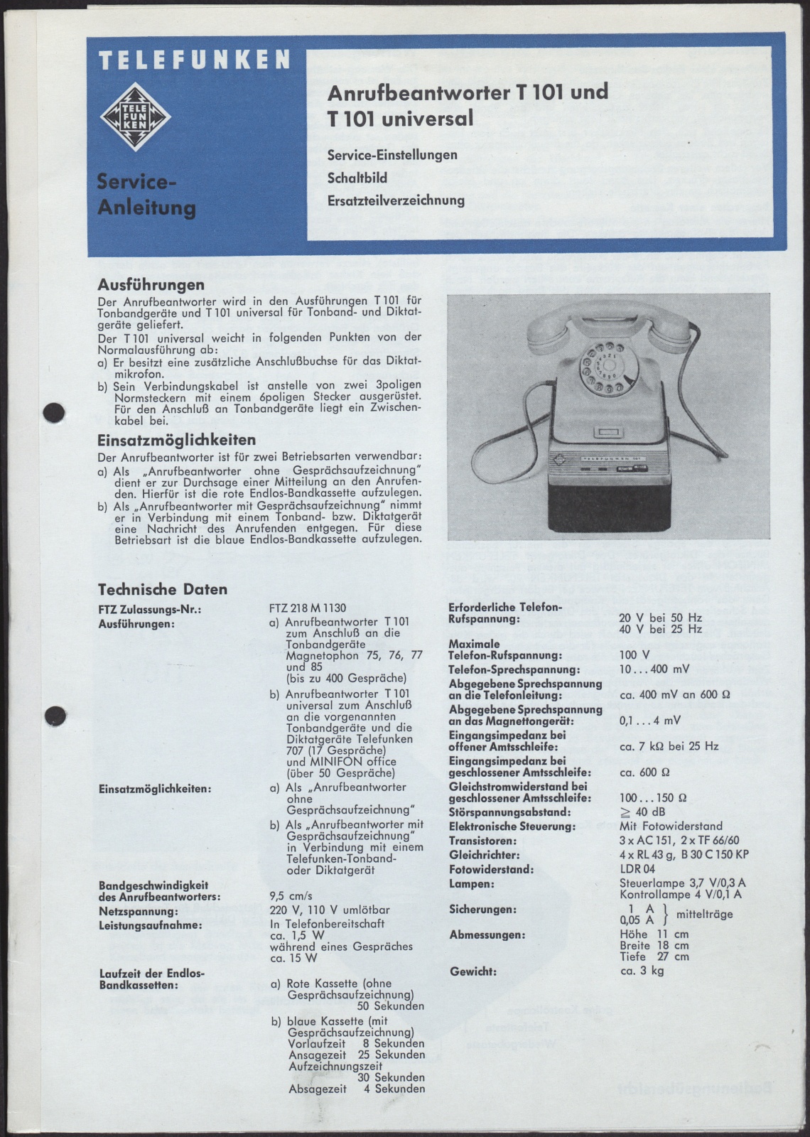 Bedienungsanleitung: Telefunken Service-Anleitung für Anrufbeantworter T 101 und T 101 universal (Stiftung Deutsches Technikmuseum Berlin CC0)