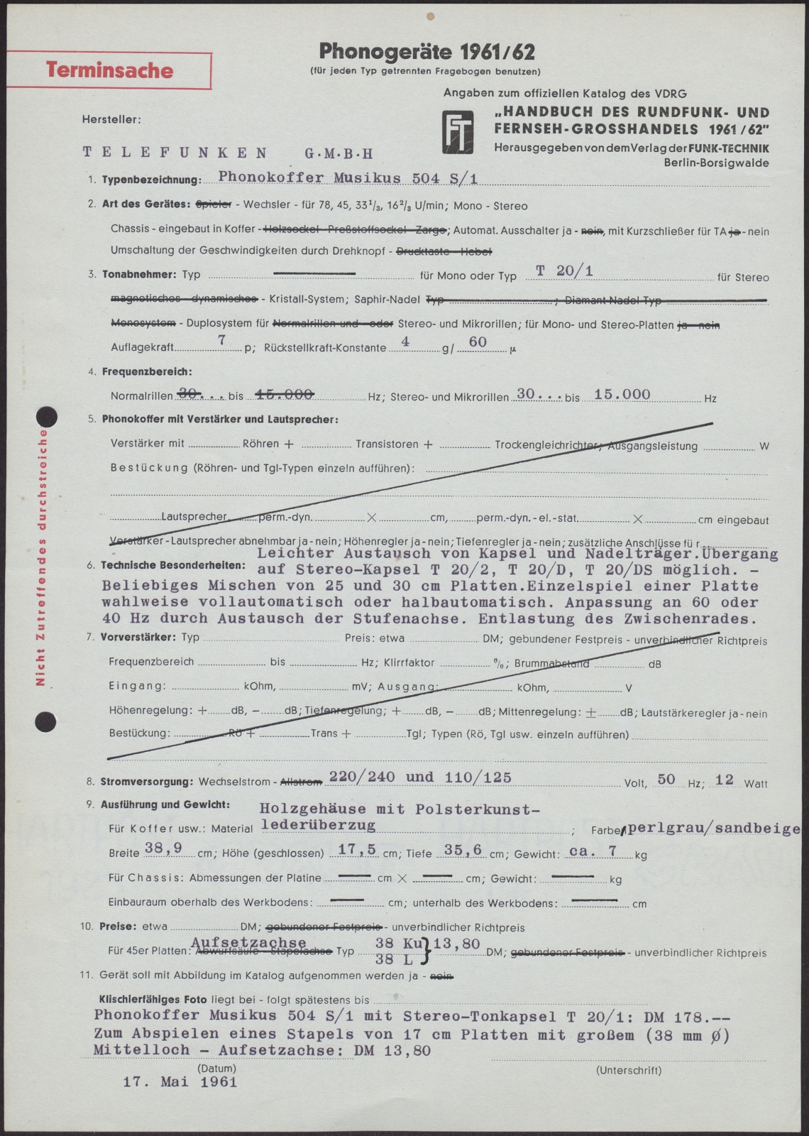 Datenblatt: Phonogeräte 1961/62 Phonokoffer Musikus 504 S/1 (Stiftung Deutsches Technikmuseum Berlin CC0)