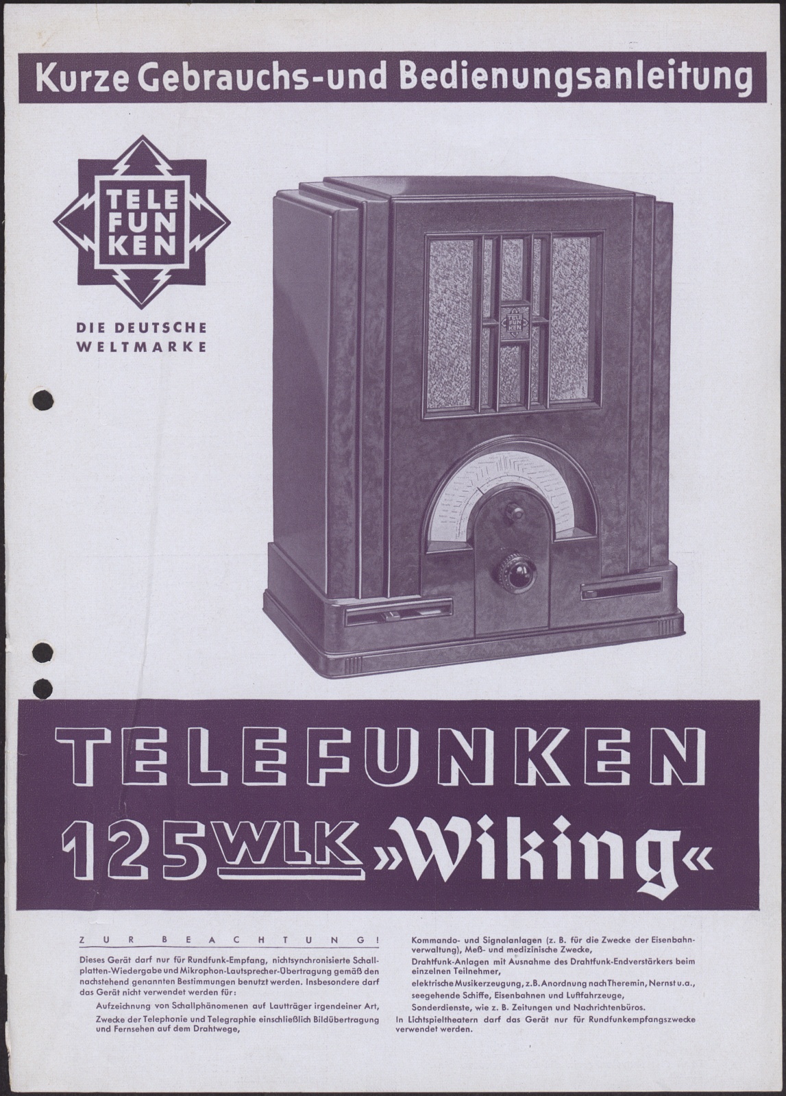Bedienungsanleitung: Kurze Gebrauchs- und Bedienungsanleitung für Telefunken 125 WLK "Wiking" (Stiftung Deutsches Technikmuseum Berlin CC0)