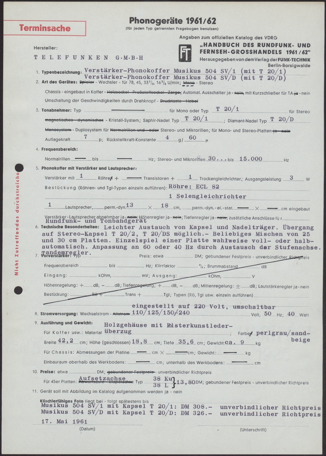 Datenblatt: Phonogeräte 1961/62 Verstärker-Phonokoffer Musikus 504 SV/1 (mit T 20/1) und Verstärker-Phonokoffer Musikus 504 SV/D (mit T 20/D) (Stiftung Deutsches Technikmuseum Berlin CC0)