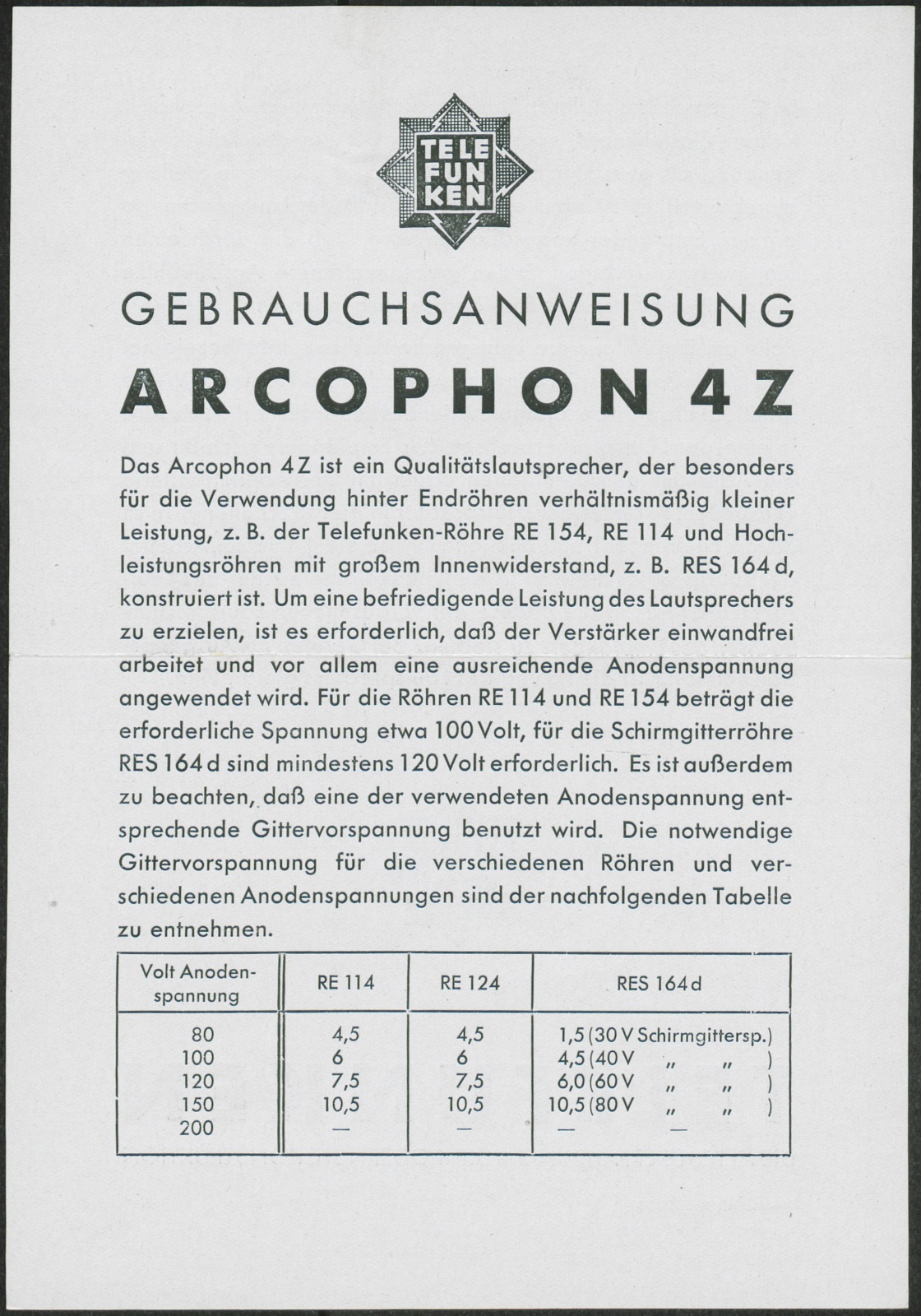 Bedienungsanleitung: Gebrauchsanweisung Arcophon 4Z (Stiftung Deutsches Technikmuseum Berlin CC0)