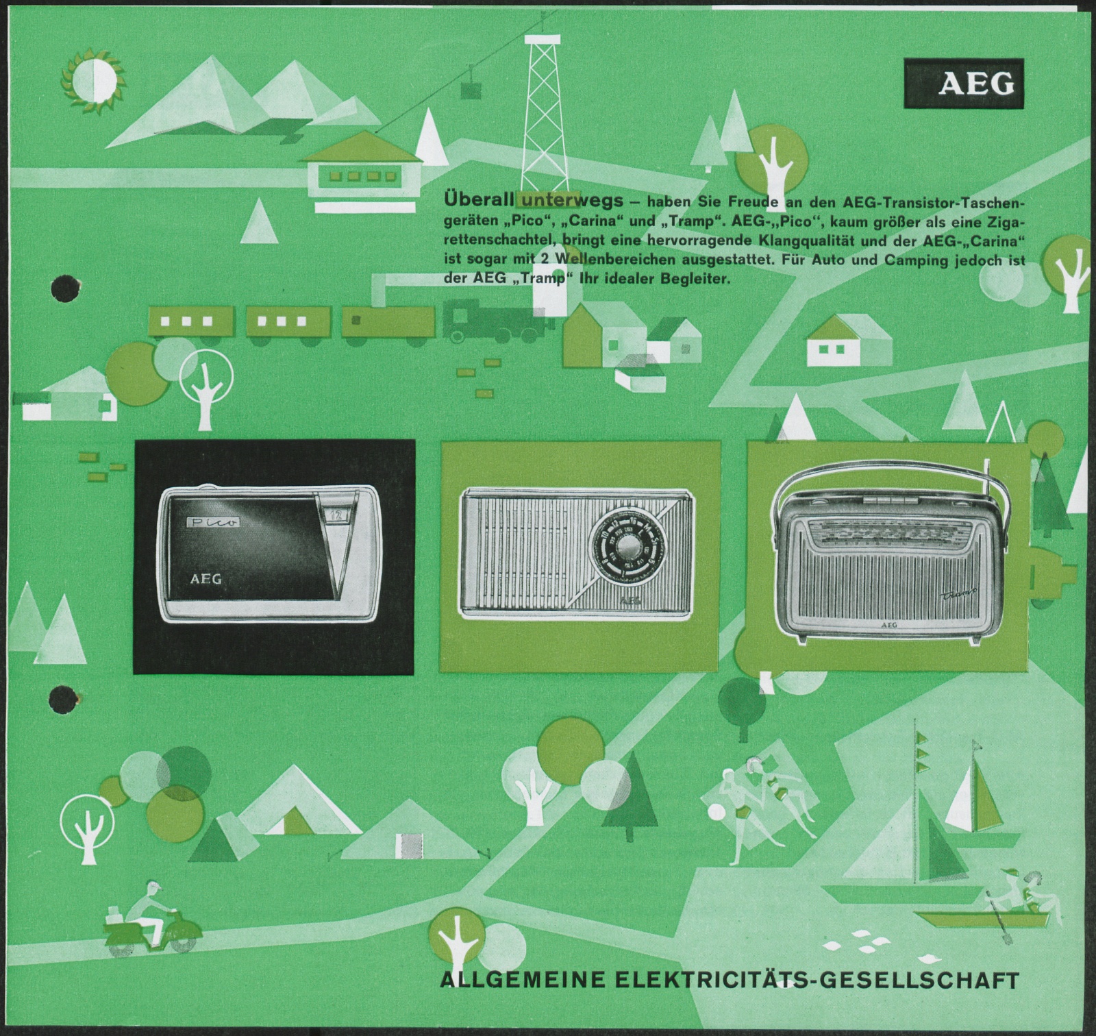 Werbeprospekt: Werbeprospekt für die AEG-Transistor-Taschengeräte AEG Pico, AEG Carina und AEG Tramp (Stiftung Deutsches Technikmuseum Berlin CC0)