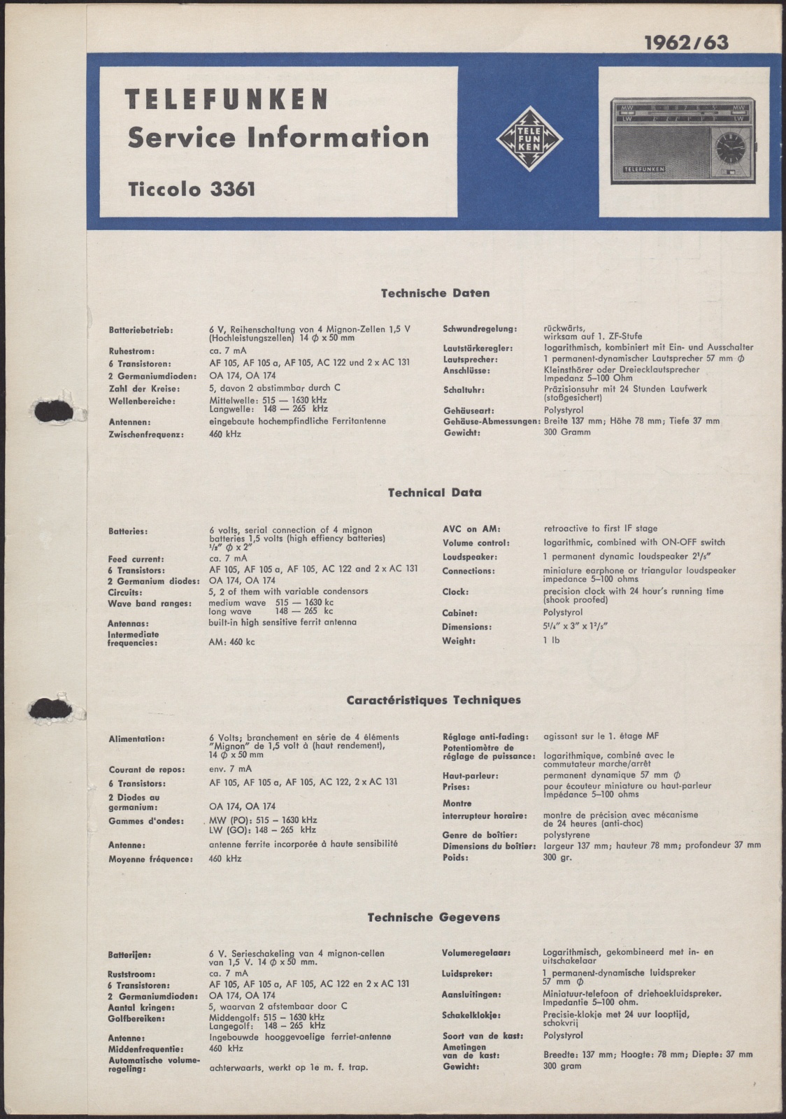 Bedienungsanleitung: Telefunken Service Information für Ticcolo 3361 (Stiftung Deutsches Technikmuseum Berlin CC0)