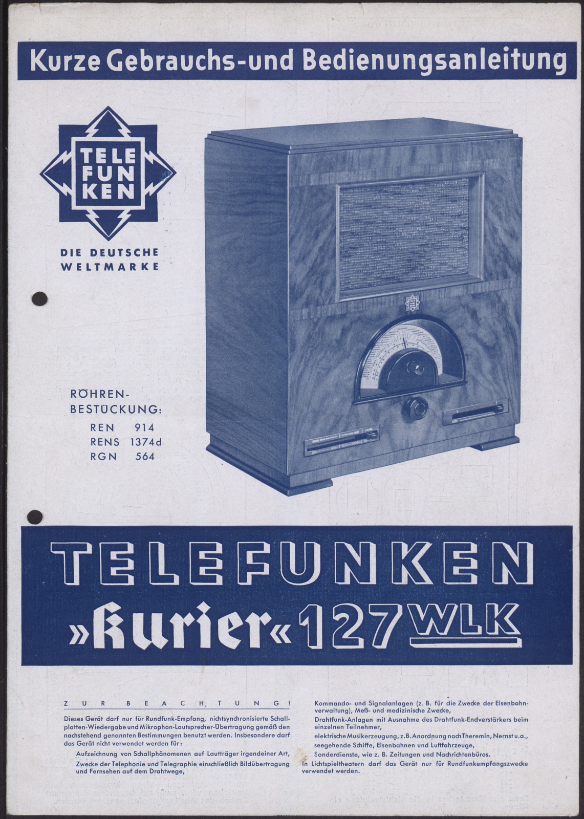 Bedienungsanleitung: Kurze Gebrauchs- und Bedienungsanleitung Telefunken "Kurier" 127 WLK (Stiftung Deutsches Technikmuseum Berlin CC0)