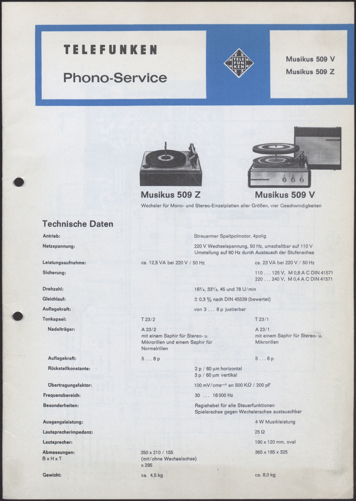 Bedienungsanleitung: Telefunken Phono-Service für Musikus 509 V und Musikus 509 Z (Stiftung Deutsches Technikmuseum Berlin CC0)