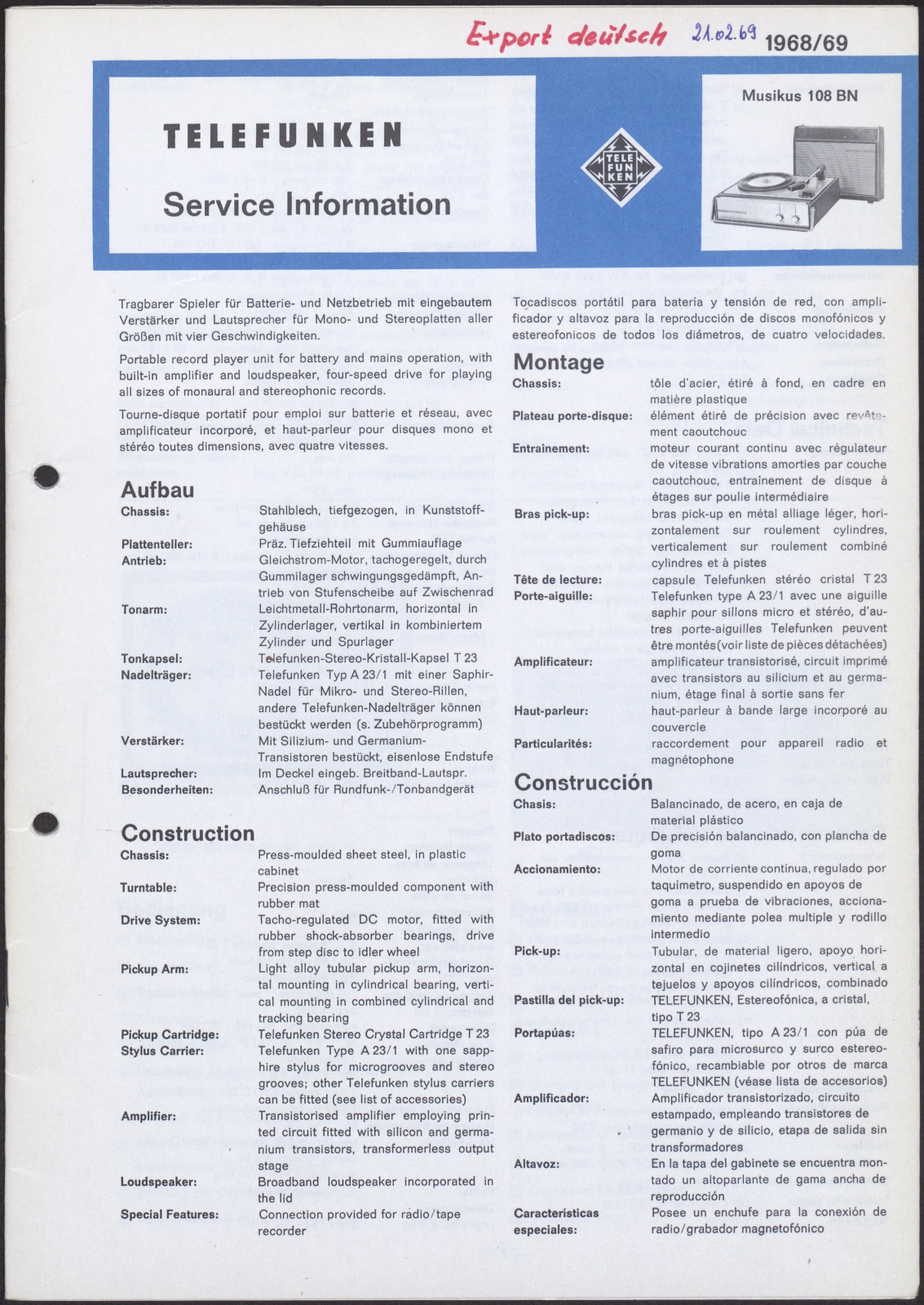 Bedienungsanleitung: Telefunken Service Information für Musikus 108 BN (Stiftung Deutsches Technikmuseum Berlin CC0)