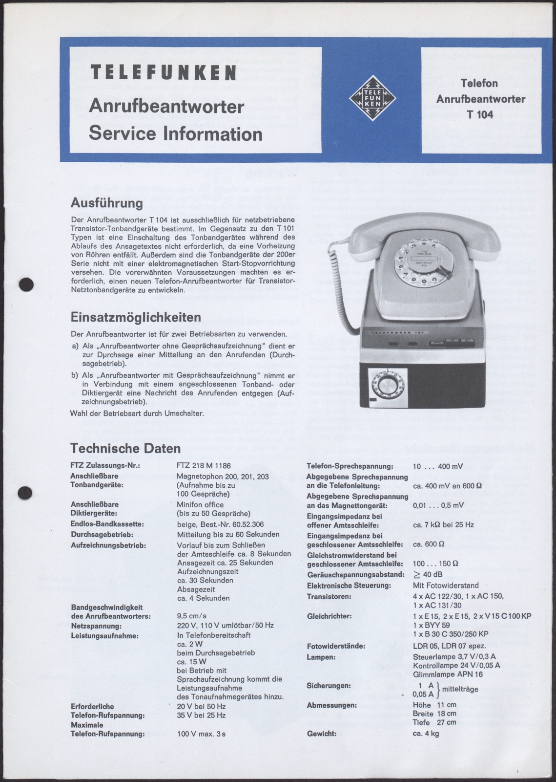 Bedienungsanleitung: Telefunken Anrufbeantworter Service Information Telefon Anrufbeantworter T 104 (Stiftung Deutsches Technikmuseum Berlin CC0)
